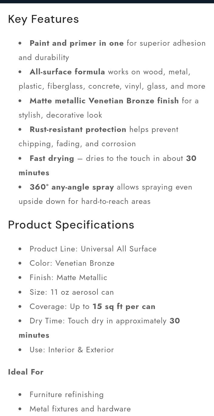 Rust-Oleum All Surface Spray Paint & Primer Matte Metallic Venetian Bronze 11oz