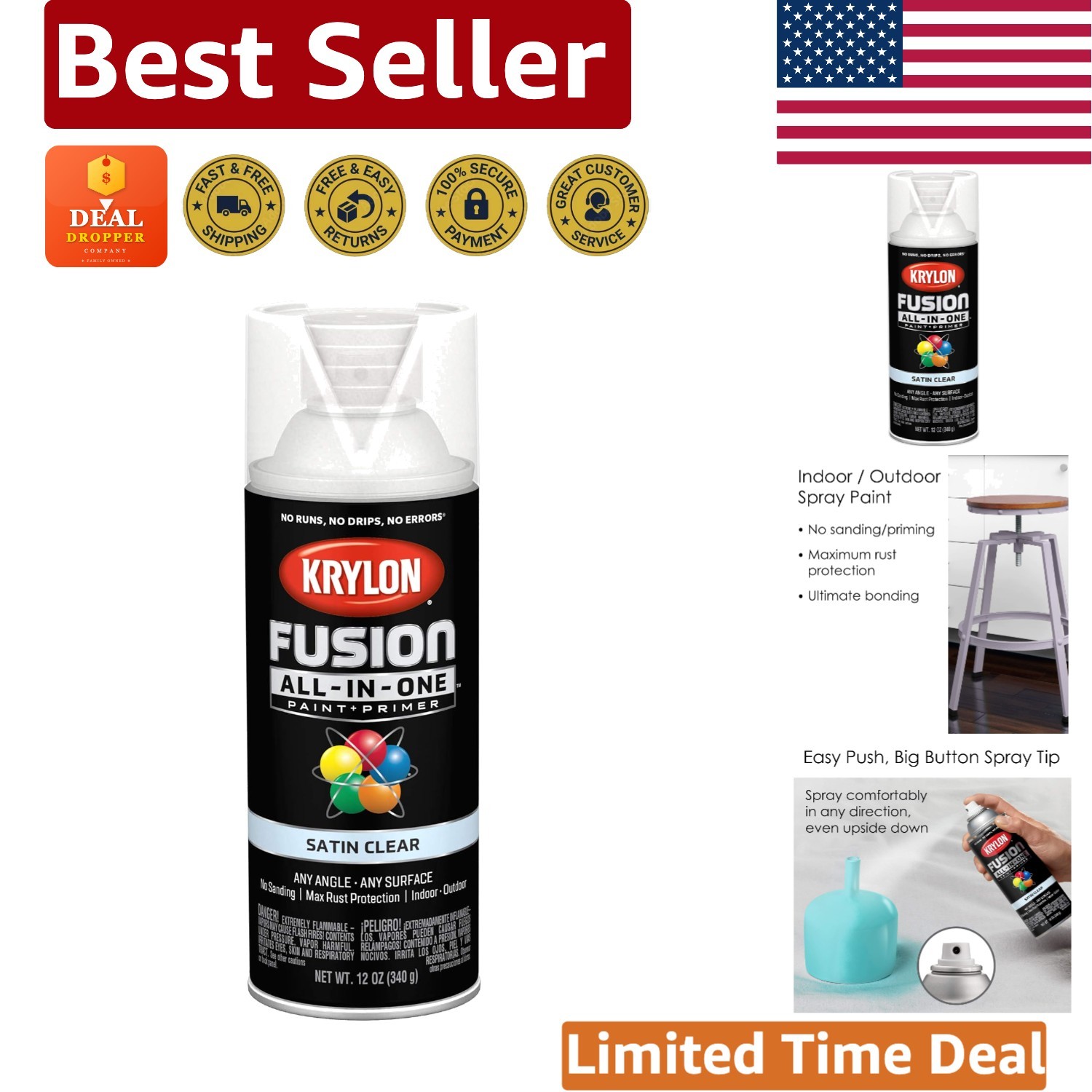 All-in-One Clear Satin Spray Paint – Rust Resistant & Quick-Dry, 12oz by Krylon