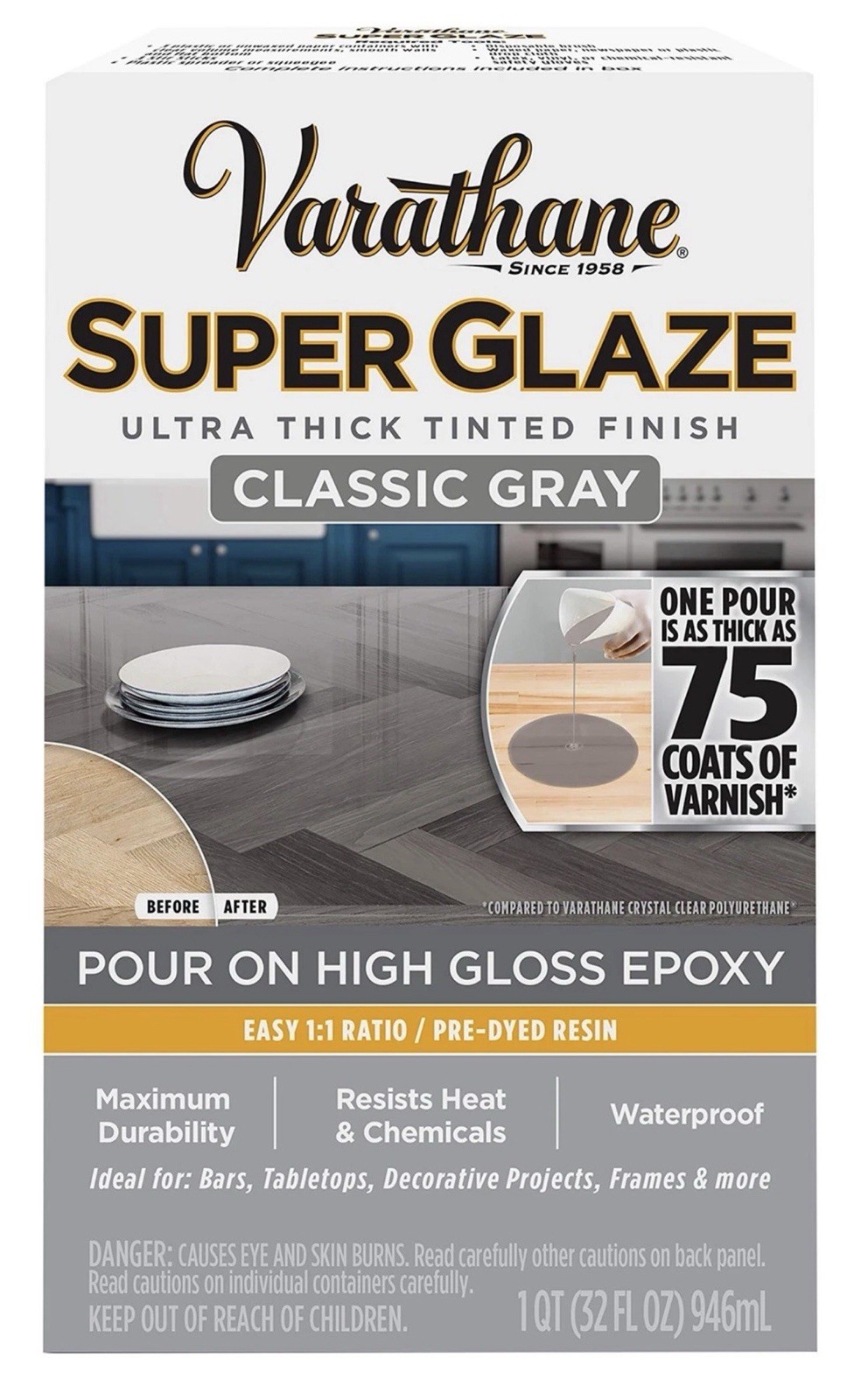 Varathane 363903 Super Glaze Pour-On High Gloss Epoxy, Quart, Classic Gray