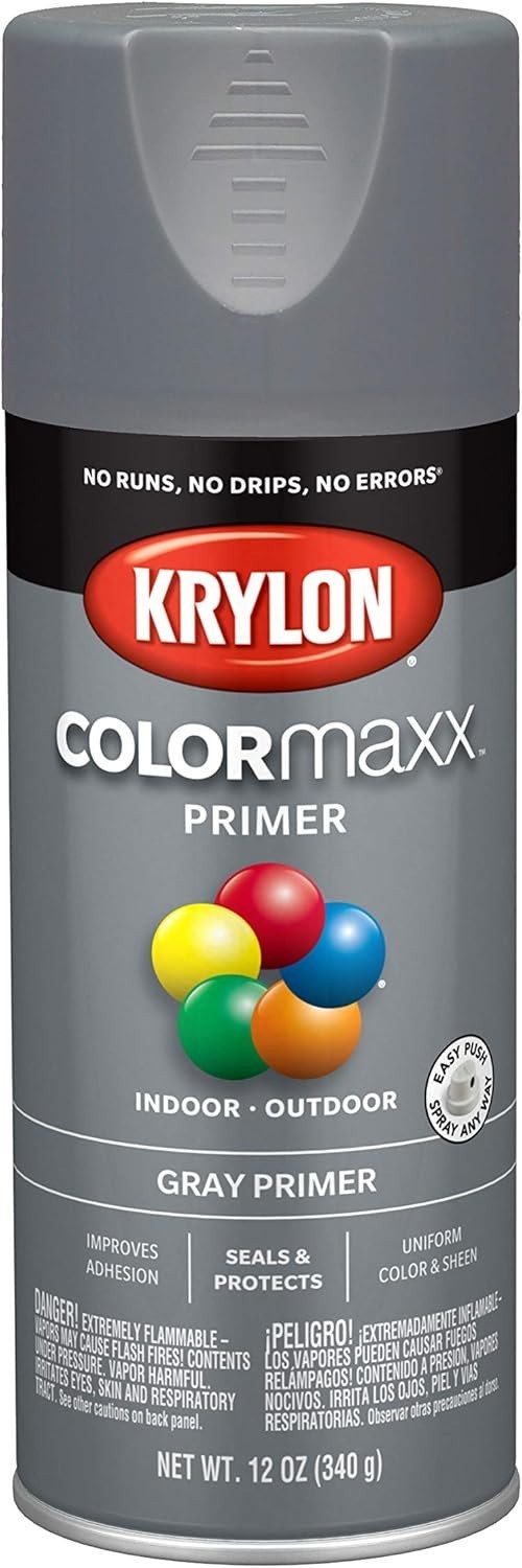 Krylon ColorMaxx Gray Primer Spray Paint – 12 oz, Indoor/Outdoor, Rust-Resistant