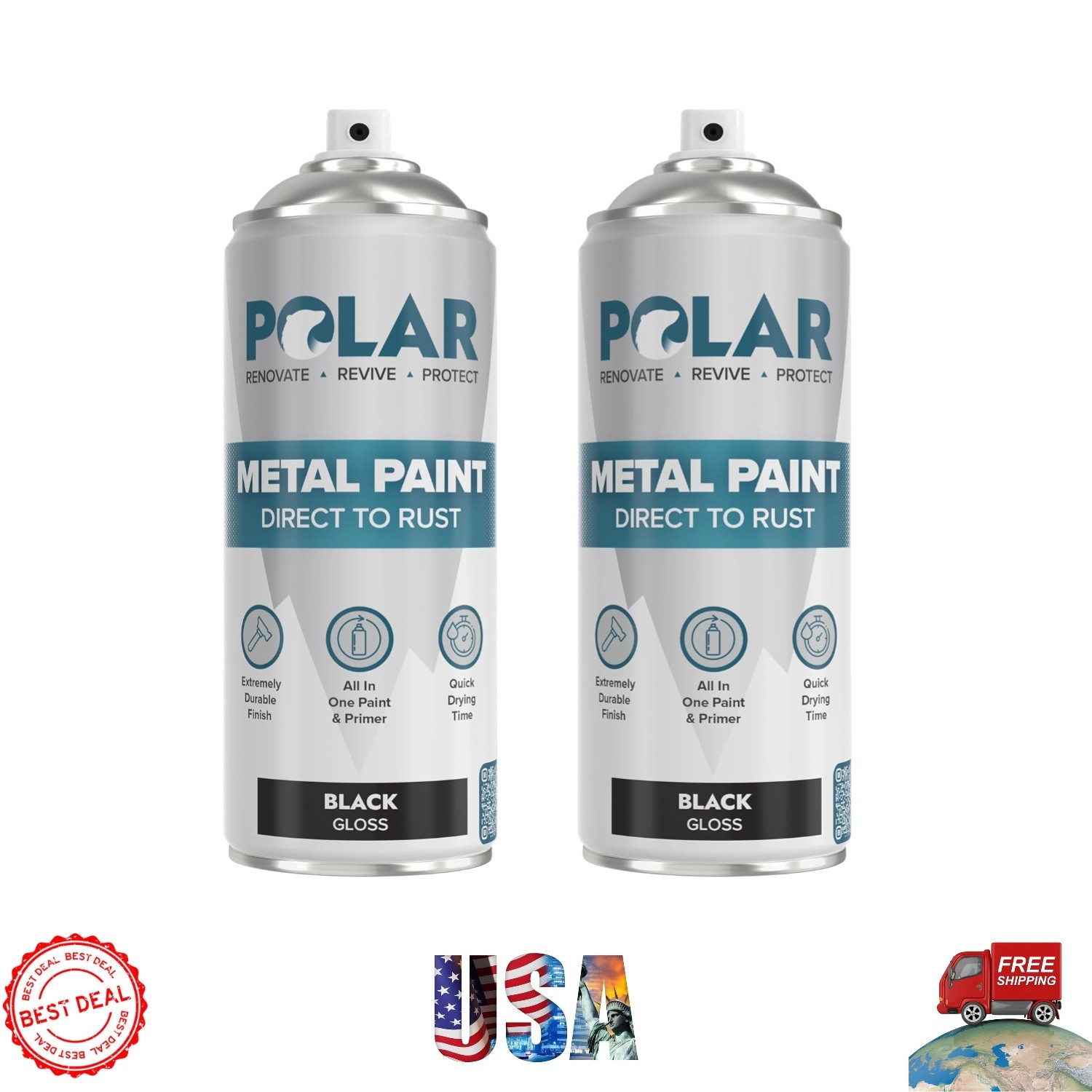 Polar Gloss Black Direct to Rust Spray Paint – 2 x 13.5 Fl Oz for All Surfaces