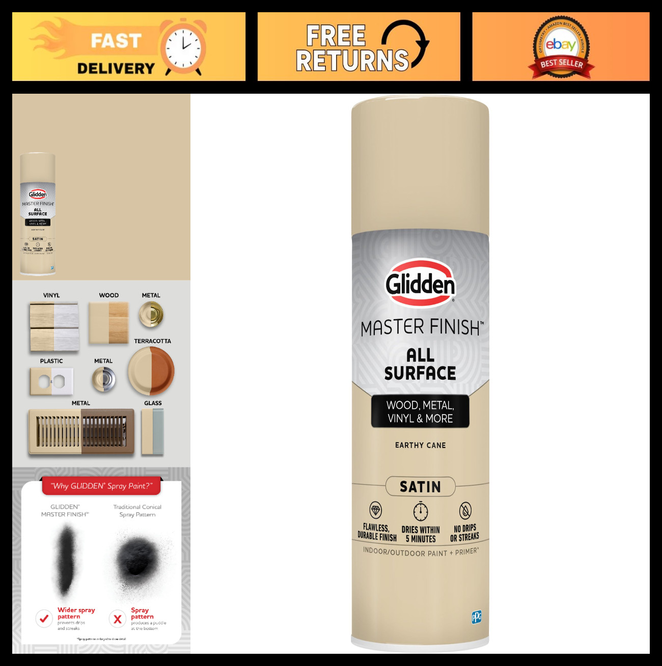 Satin Earthy Cane Spray Paint & Primer – 12 oz All Surface Interior/Exterior Fin