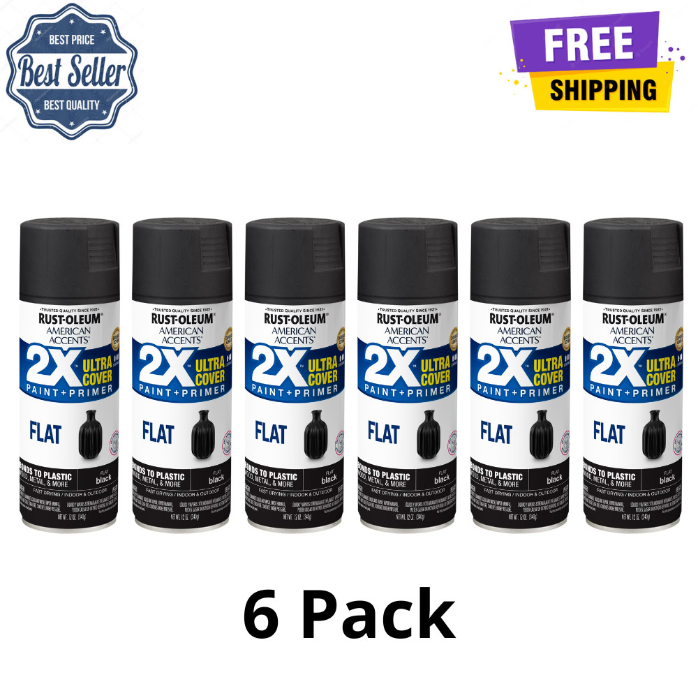 6 Pack Rust-Oleum American Accents Black Flat Spray Paint, 12 oz, Ultra Cover 2X