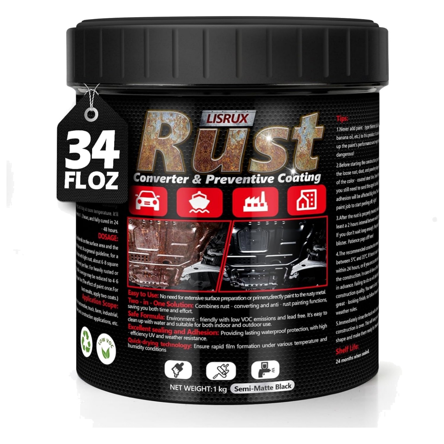 4-in-1 Rust Converter & Metal Primer, 34 Fl Oz Black Rust Inhibitor Paint for…