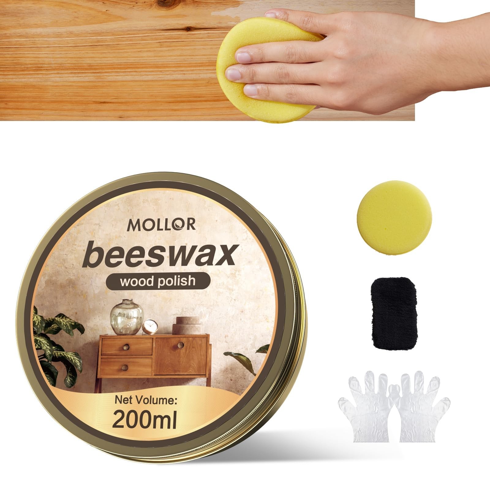 Natural Beeswax Furniture Polish & Restorer – Wood Conditioner, 200g + Sponge