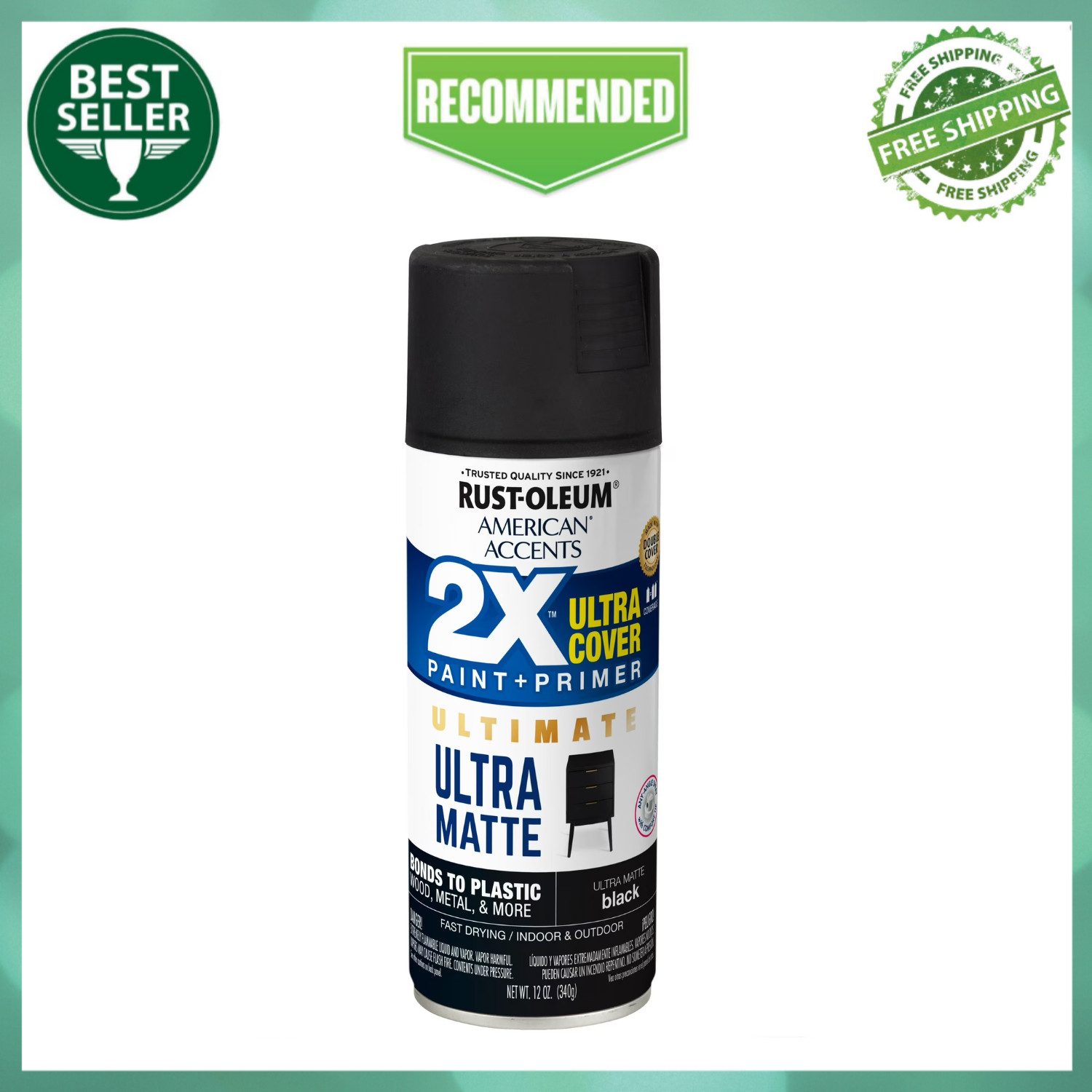 Black, Rust-Oleum American Accents 2X Ultra Cover Ultra Matte Spray Paint, 12 oz