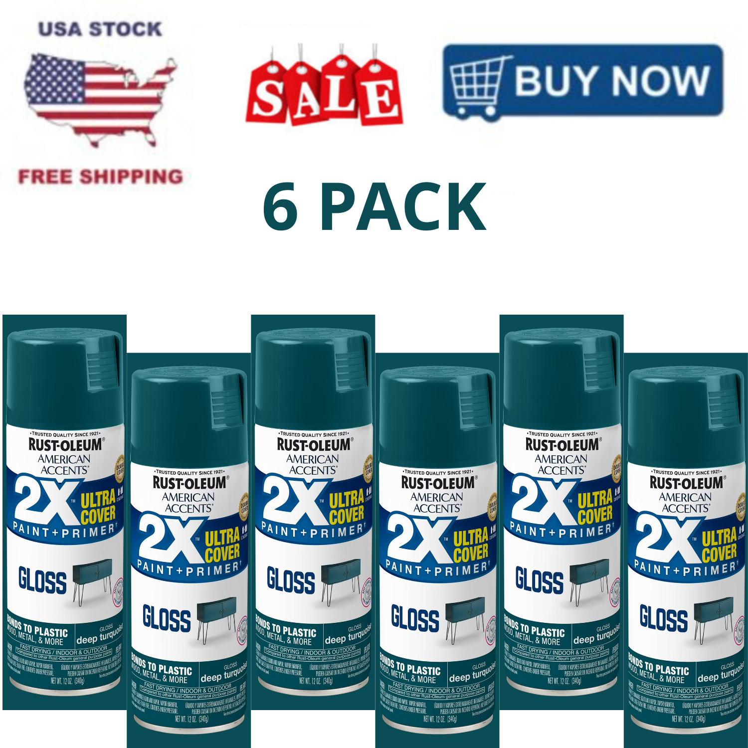 Rust-Oleum 2X Ultra Cover Gloss Spray Paint Deep Turquoise 12oz, 6 Pack