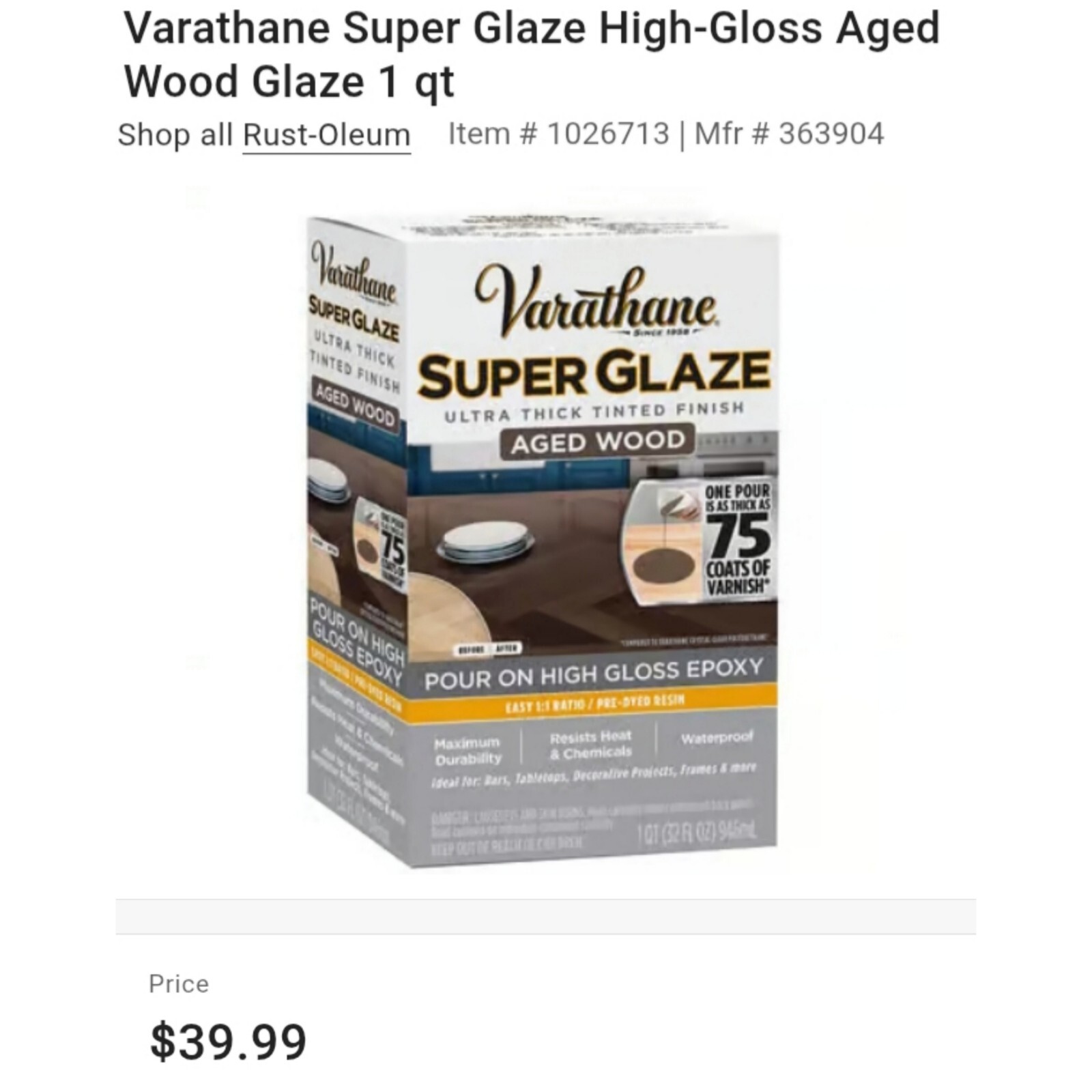 Varathane Epoxy Resin Super Glaze Pour-On High Gloss Quart Kit 32 oz Aged Wood