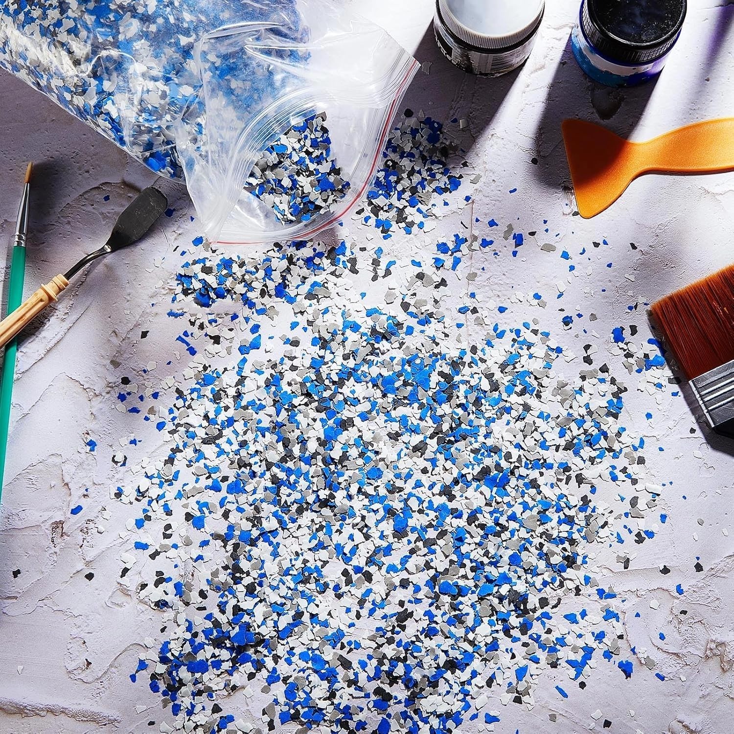 Acrylic Decorative Color Chips – 2-4 mm Epoxy Flakes in Black, White, Blue, Grey