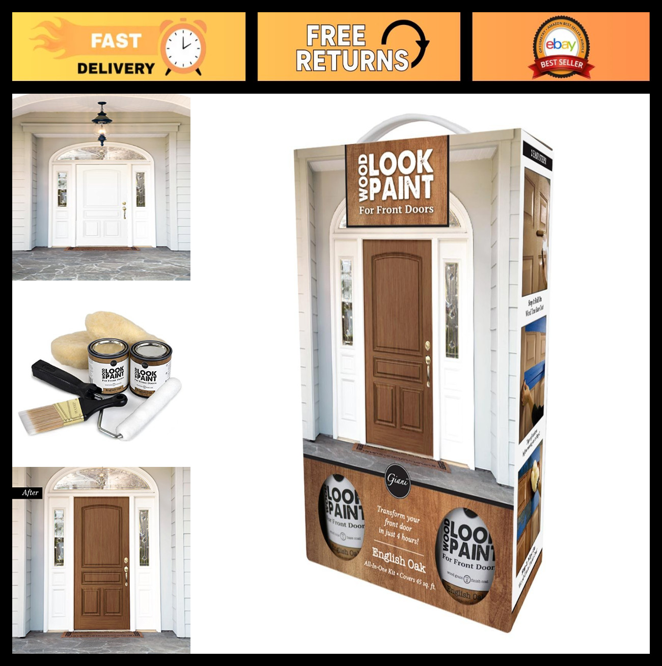 Wood Look Paint Kit for Front & Interior Doors – English Oak Finish, Easy Apply