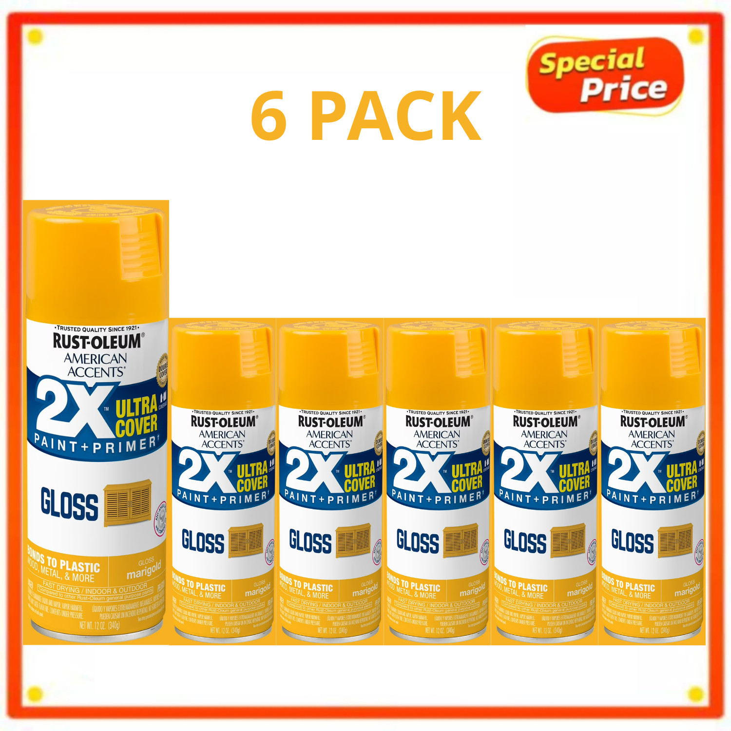 Rust-Oleum Marigold Gloss Spray Paint 12 oz Paint & Primer 2X, 6 Pack