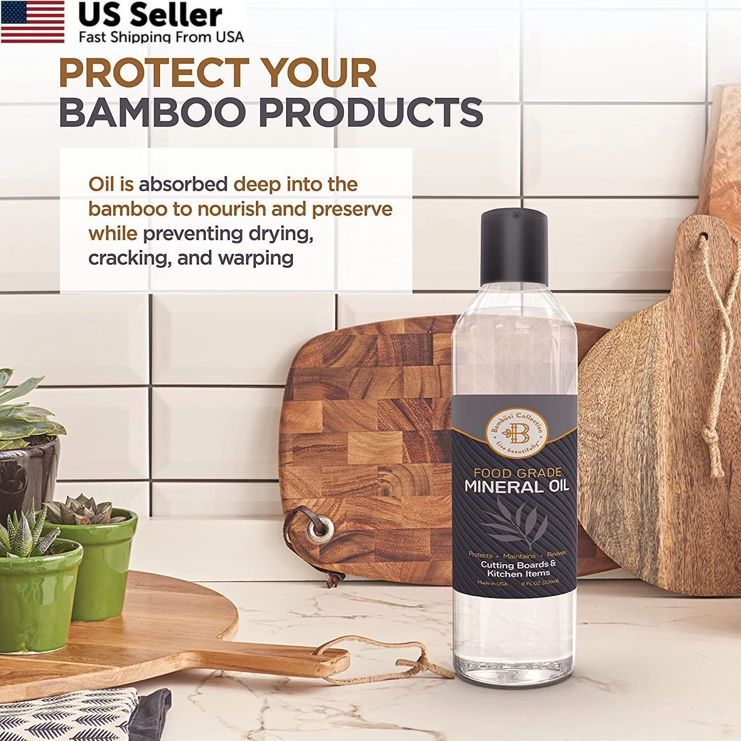 Bambüsi Mineral Oil – 8 oz Food Grade for Wood 8oz, Transparent