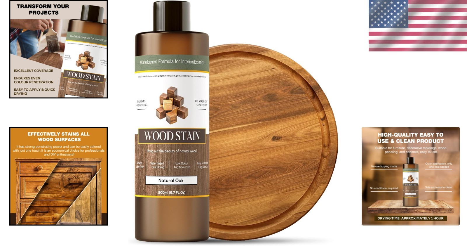 Natural Oak Water-Based Wood Stain – Fast Drying, Low Odor Protection – 6.7oz