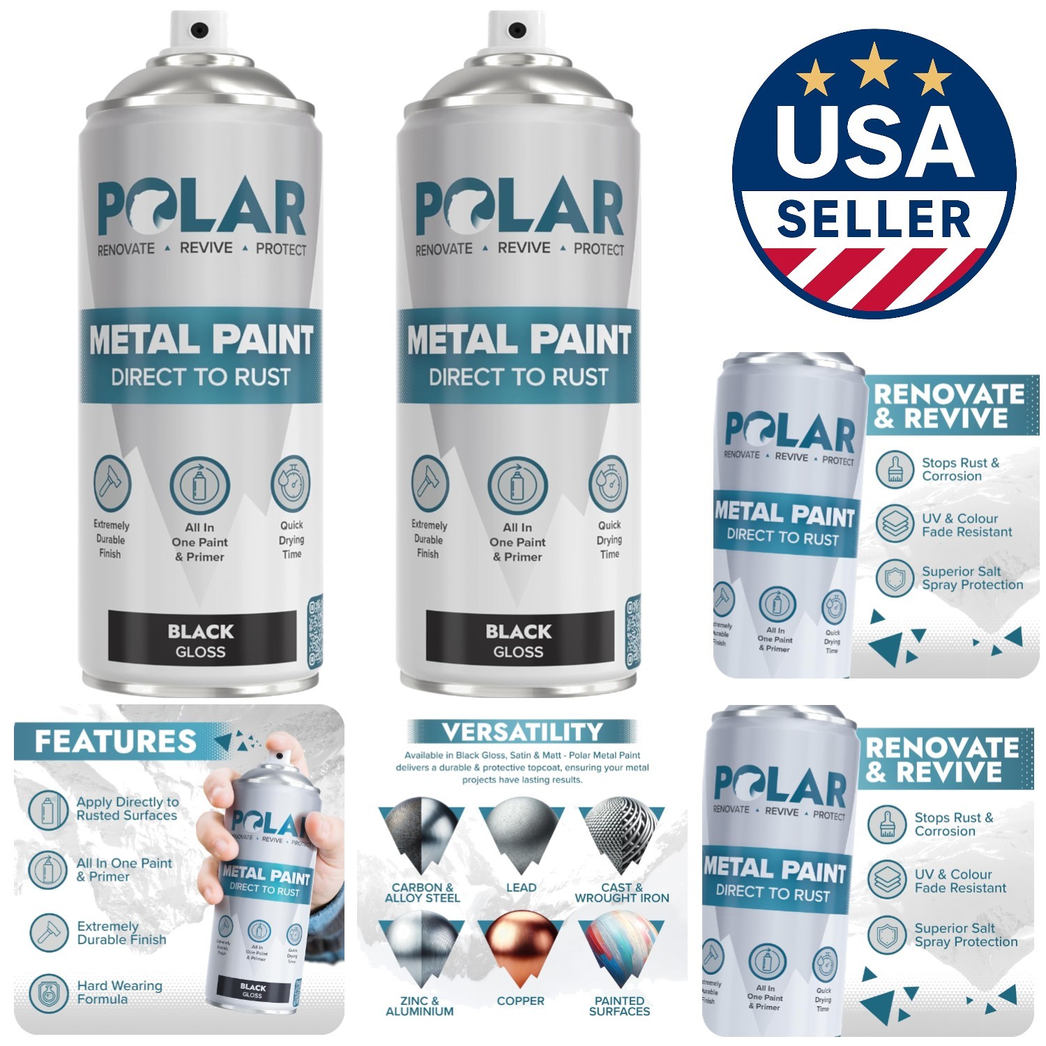 Aerosol Gloss Black Paint – Quick-Dry 2 x 13.5 Fl Oz for Metal & Wood