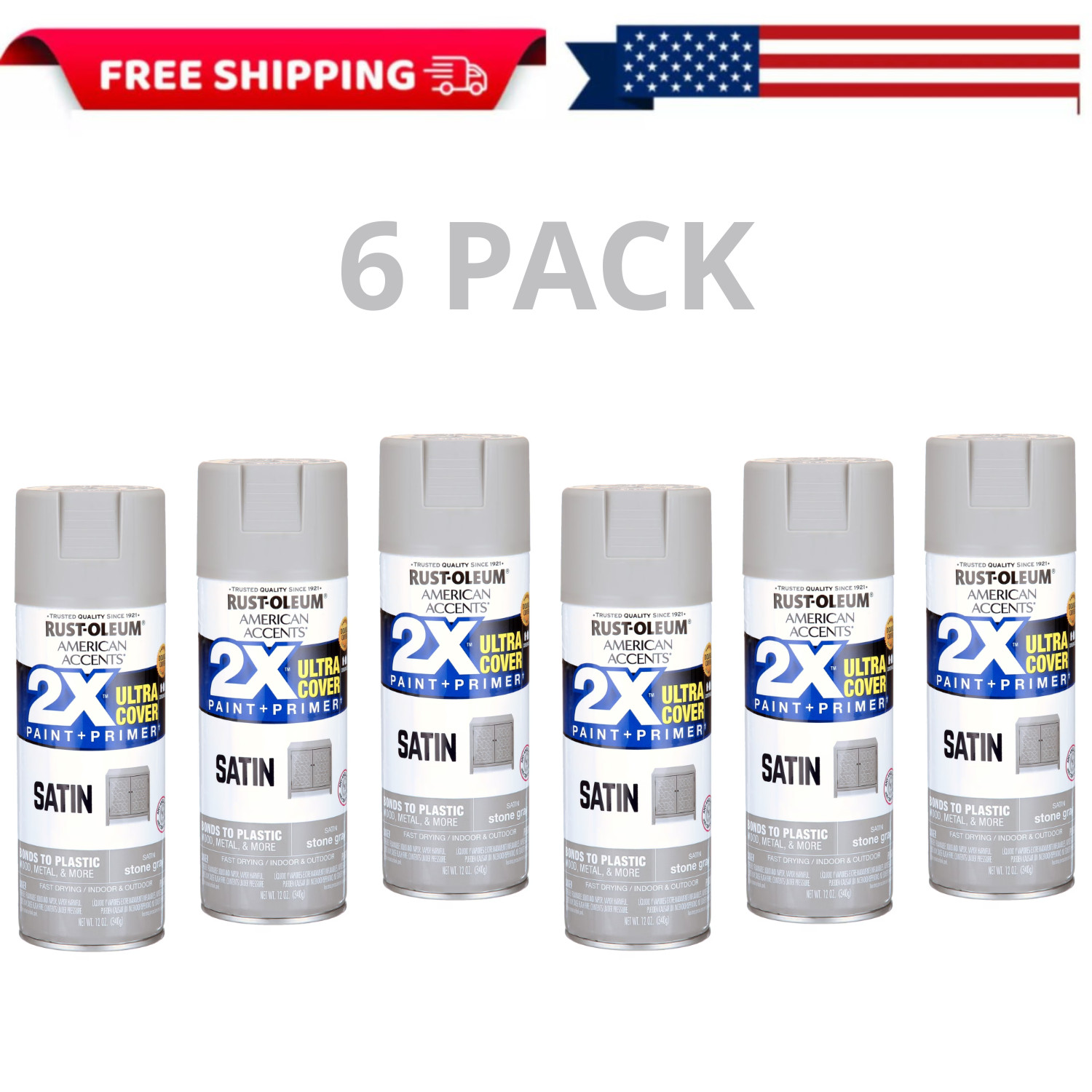 Rust-Oleum 2X Ultra Cover Satin Spray Paint Stone Gray 12 oz, 6 PACK