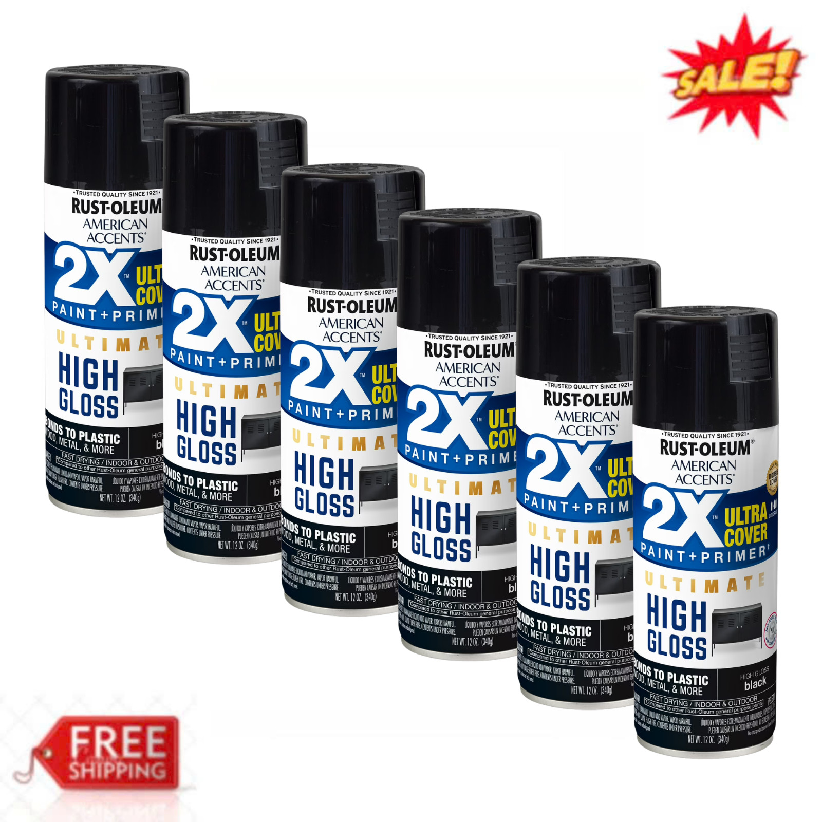 (6 Pack) Rust-Oleum 2X Ultra Cover High Gloss Black Paint Primer Spray 12 oz