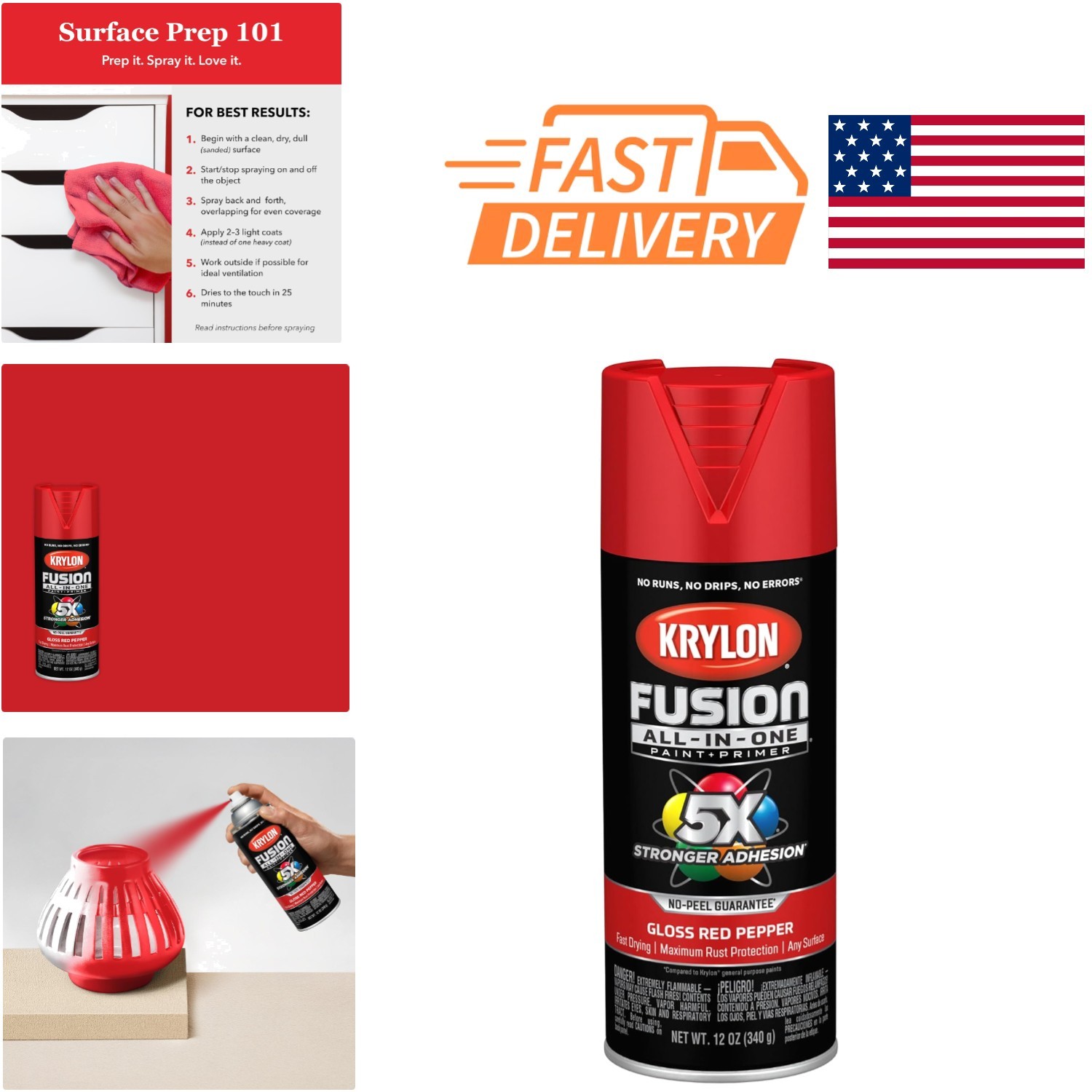 All In One Red Pepper Spray Paint 12 Ounce Strong Adhesion for Multiple Surfaces