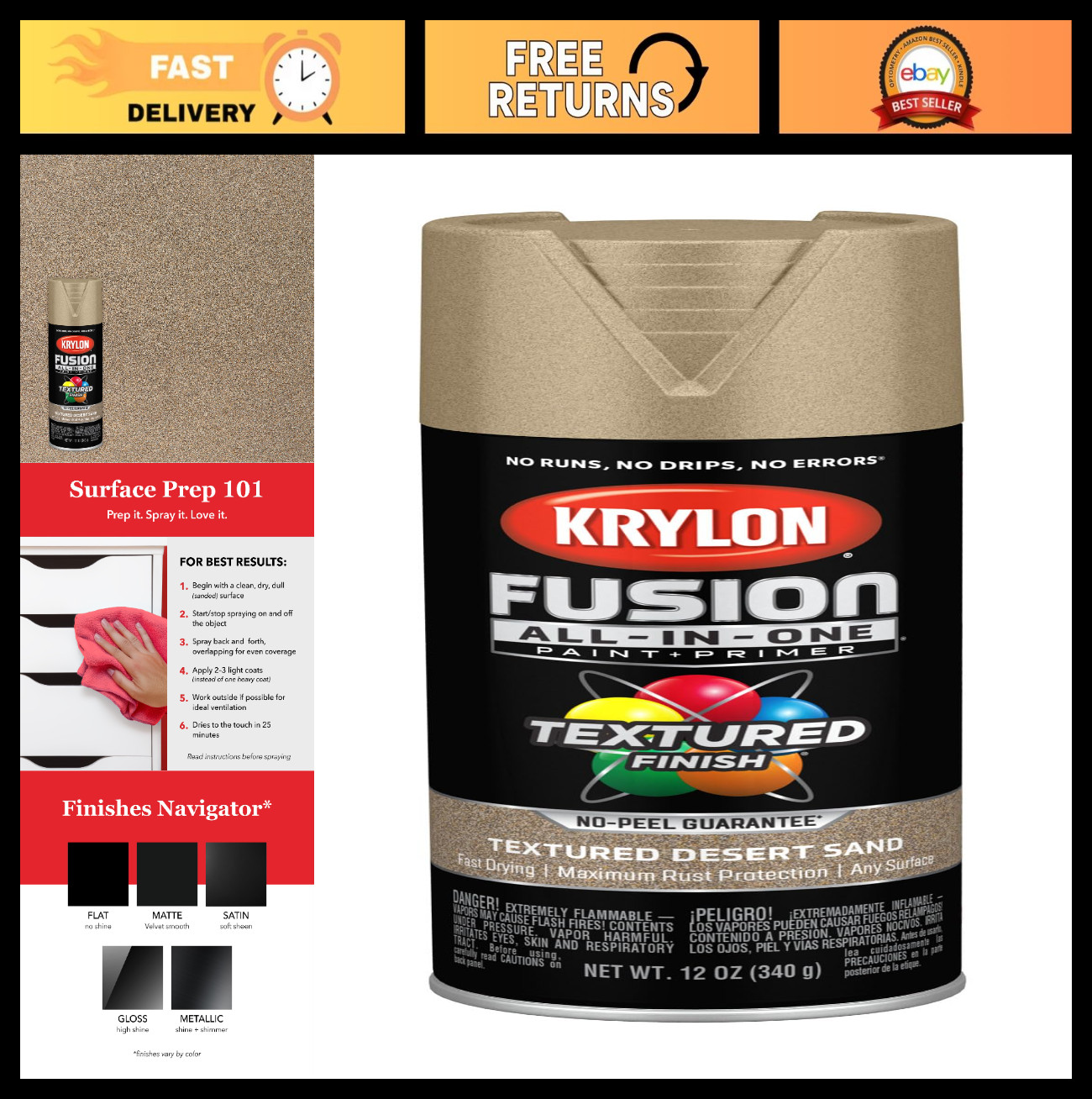 All-In-One Adhesive Spray Paint, 12 oz – Indoor/Outdoor Use, Desert Sand Color