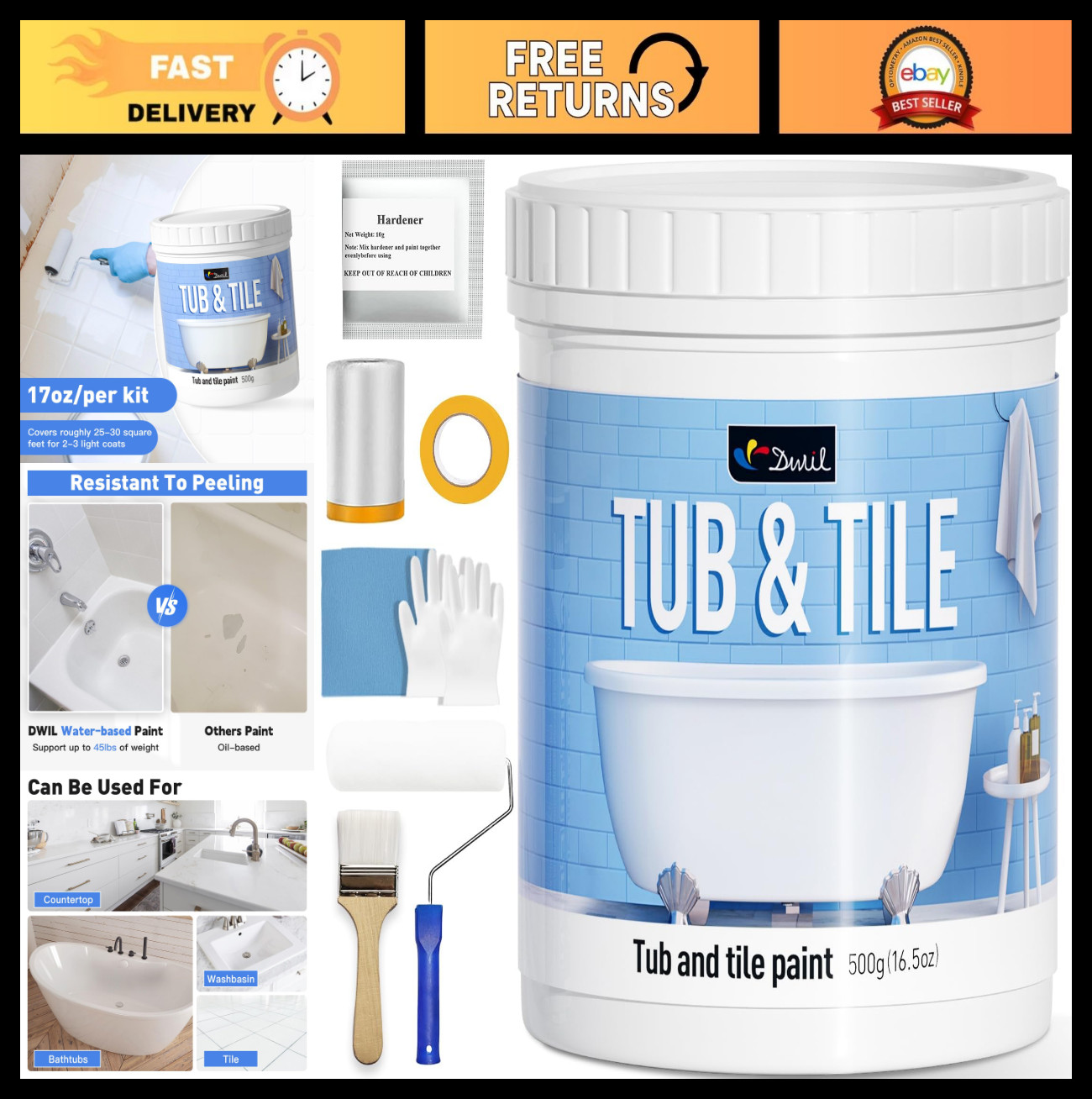 Tile Refinishing Kit – Water-Based Bathtub Paint, Low Odor, Easy Use, 16.5oz, Se