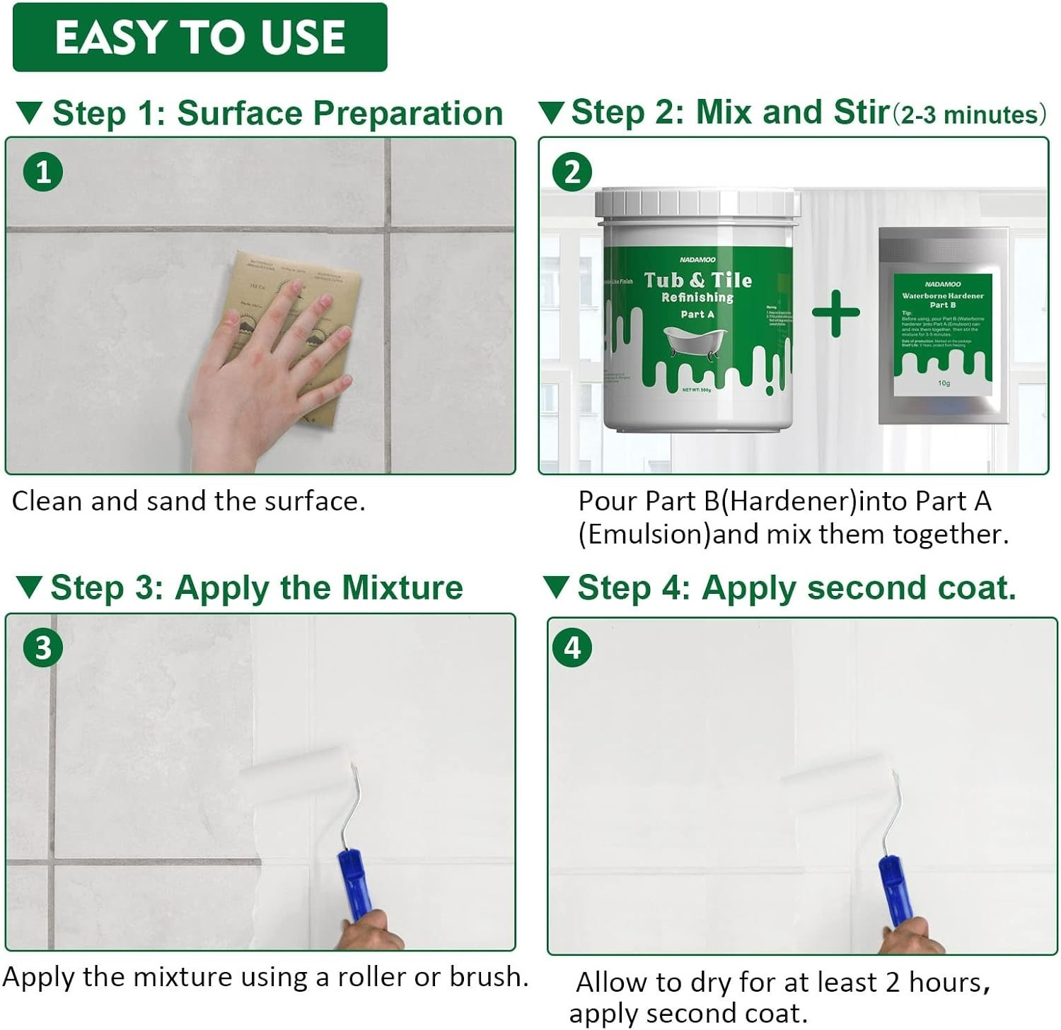 Tub and Tile Refinishing Kit White, Without Tools, 500g/17 oz Emulsion and 10…