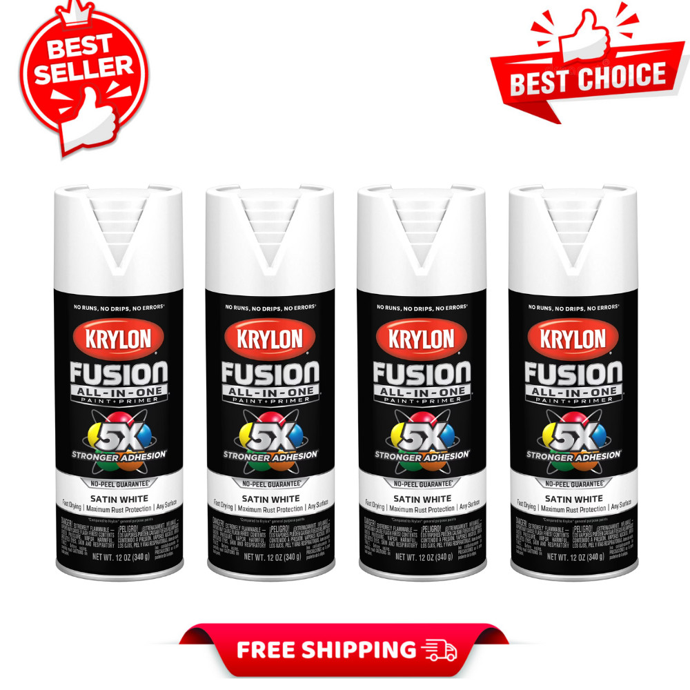 4 Pack Krylon Fusion All In One Spray Paint, Satin White, 12 oz, Multi-Surface