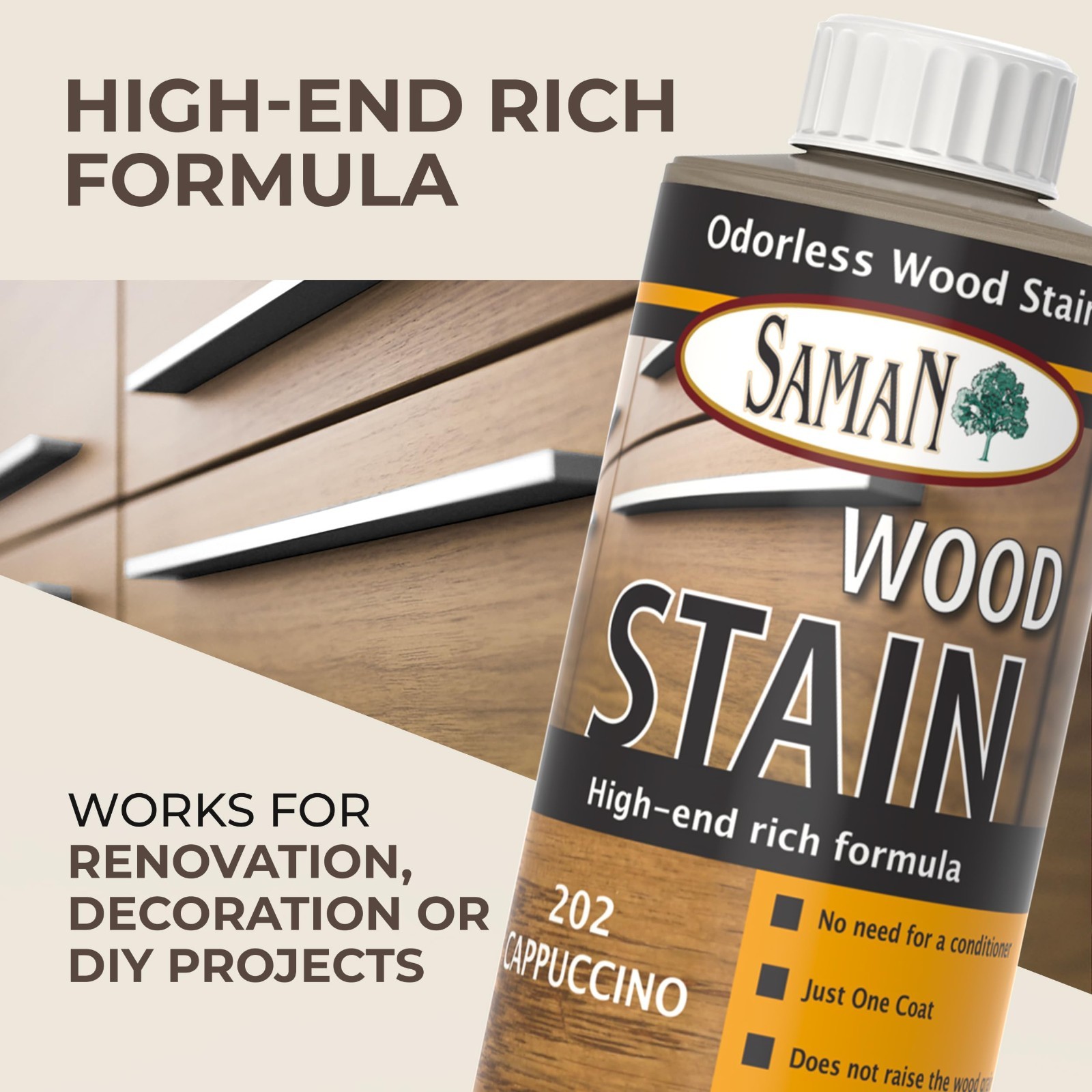 SAMAN Odorless Wood Stain 202 Cappuccino 12oz – NEW