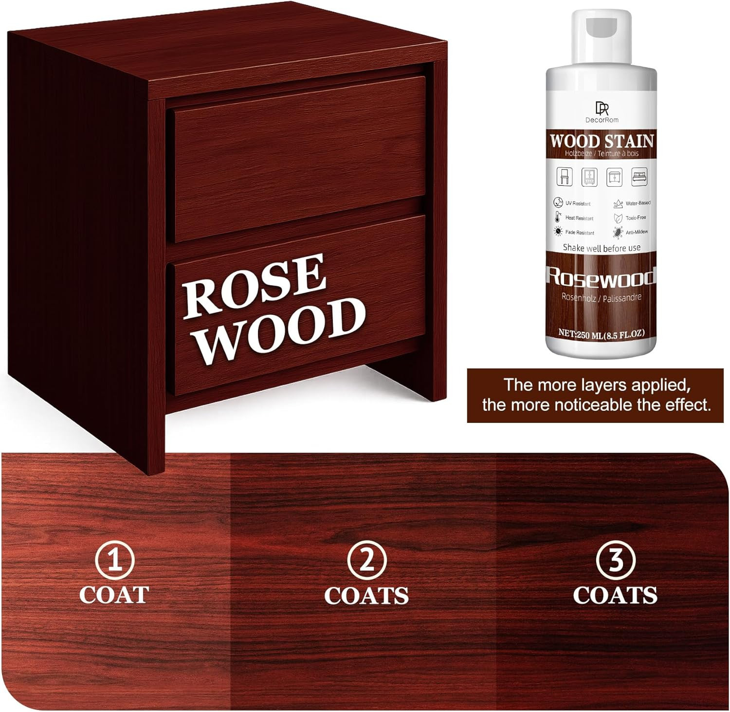 Rosewood Wood Stain, 8.5Oz Water Based Wood Stain, Matte Wooden Fast Drying Curi