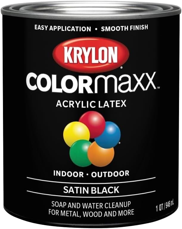 Krylon ColorMaxx Satin Interior/Exterior Acrylic Latex Paint, Black, 1 Qt. – 1 E
