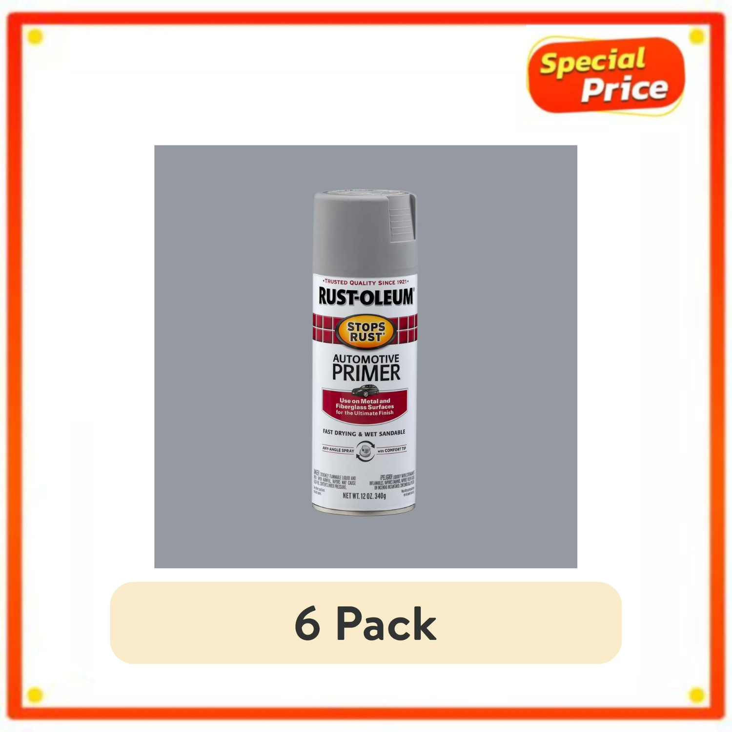 Rust-Oleum Stops Rust Automotive Primer Light Gray 12oz Spray Paint, 6 Pack