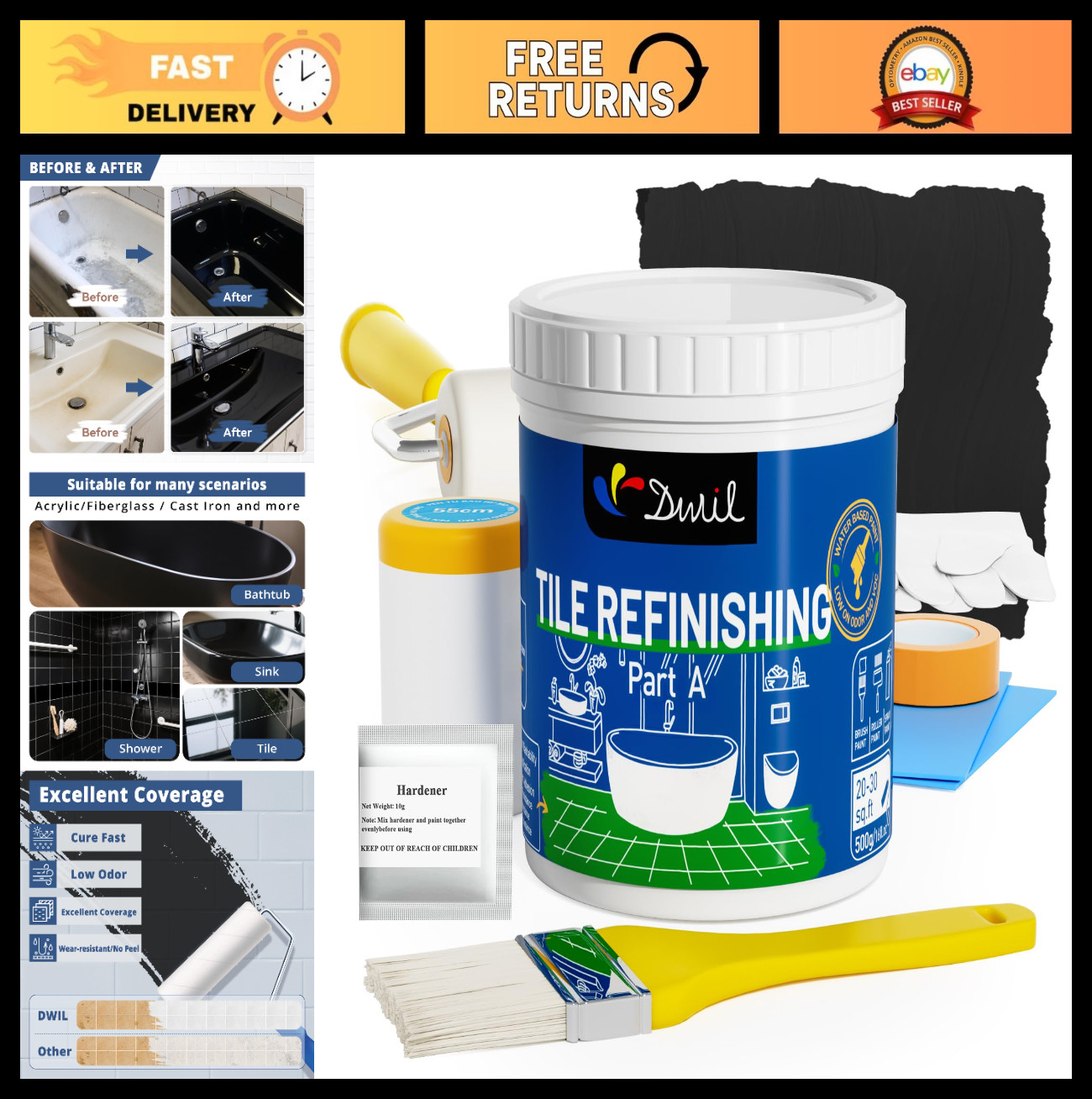 Tub and Tile Refinishing Kit – Water-Based, Low Odor, Easy to Use, Semi-Gloss Bl