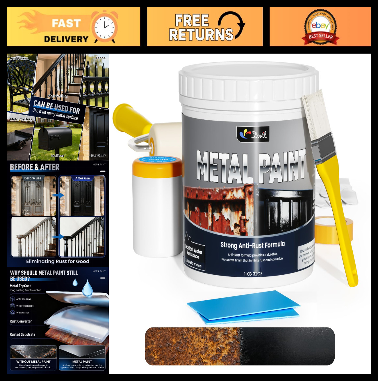Waterproof Anti-Rust Metal Paint – Black, 32oz for Gates, Fences, Furniture, Cra