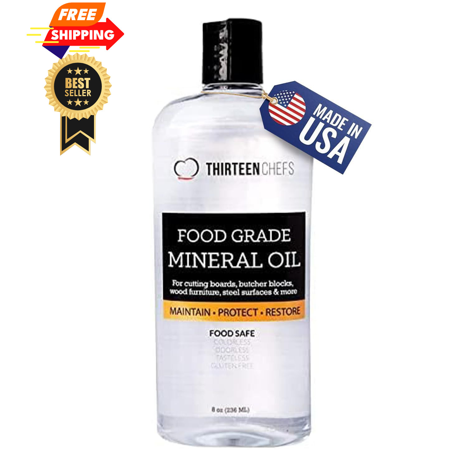 Thirteen Chefs Mineral Oil – 8 oz Food Grade Conditioner 8 Fl Oz, Transparent