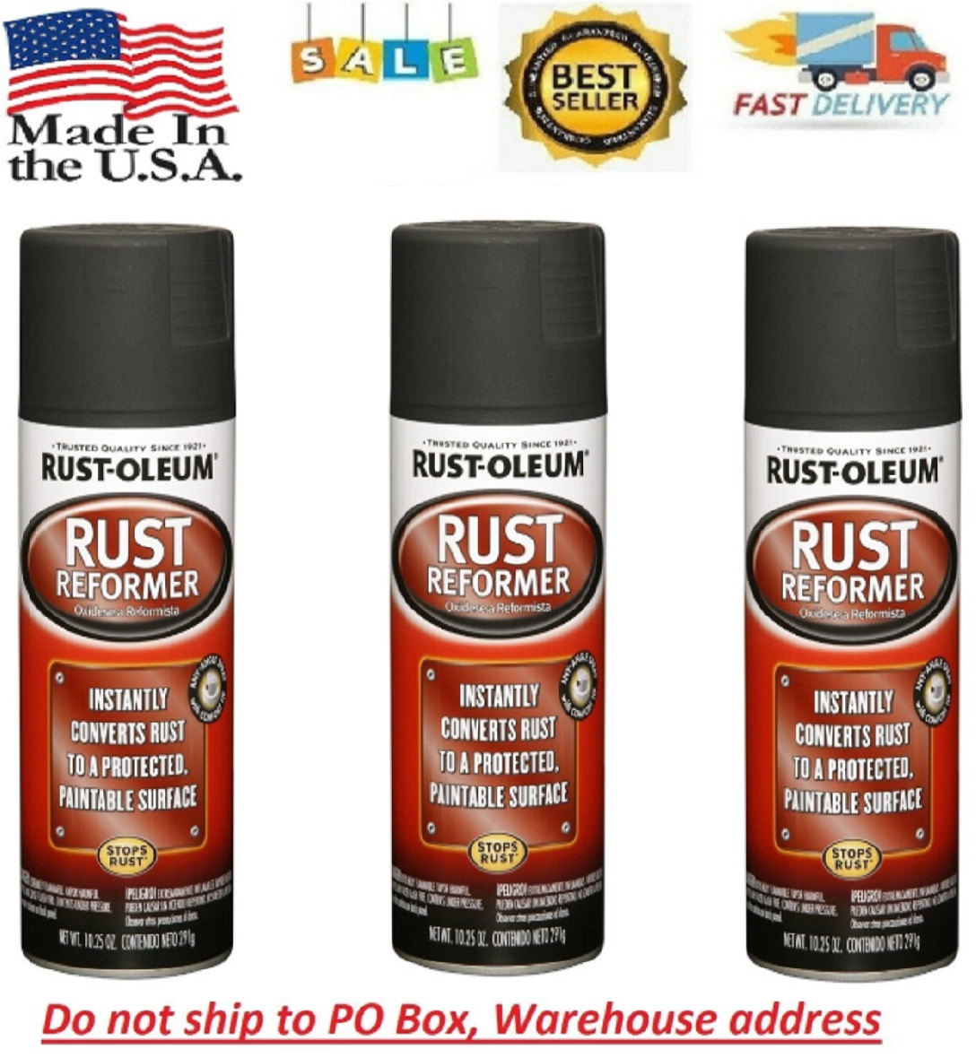 3PACK Automotive Flat Black Finish Rust Converter Rust Reformer Spray Coat 10 oz