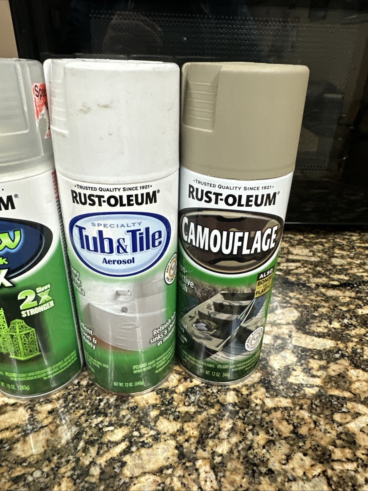 Rust-Oleum Specialty Spray Paint Lot 4 Cans Glow In Dark, Camouflage, Lacquer