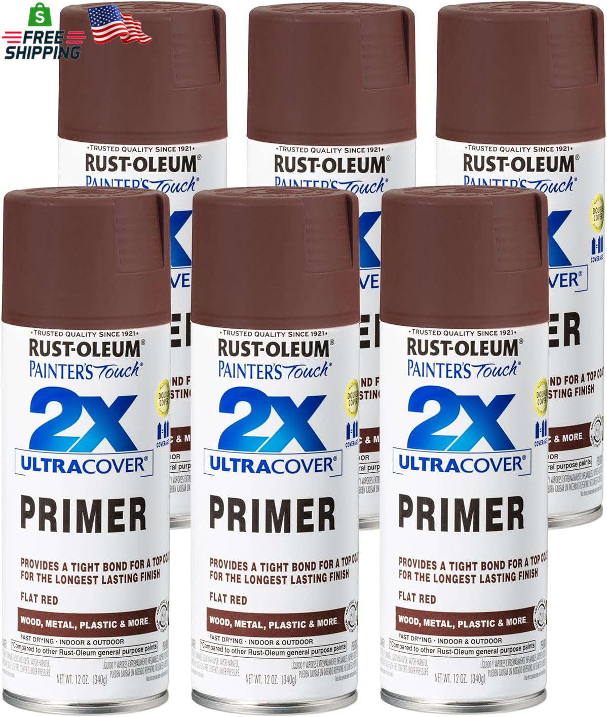 Rust-Oleum 334018-6PK Painter’S Touch 2X Ultra Cover Spray Primer, 12 Oz, Flat R