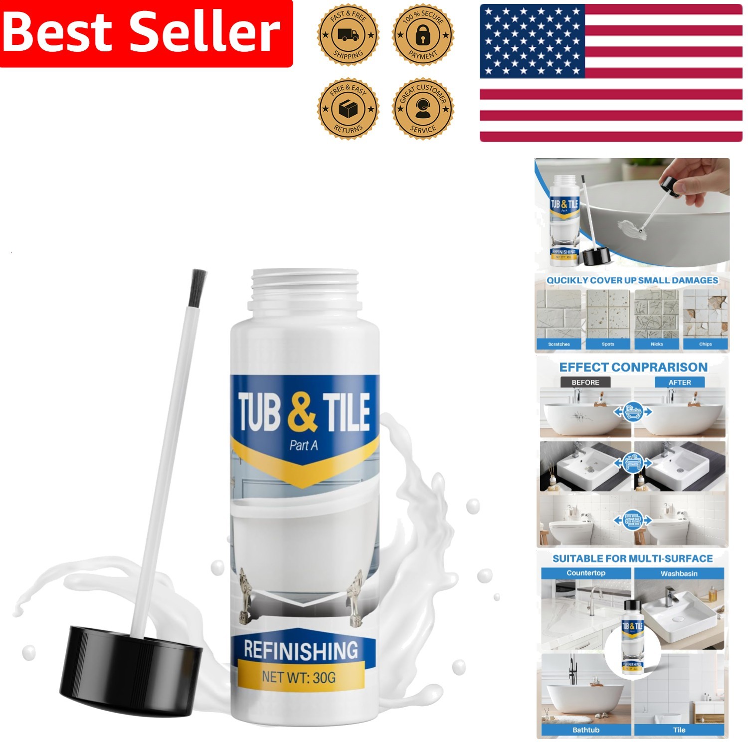 Bathtub Touch Up 1.3oz White Semi-Gloss Acrylic Ceramic Sink Tile Repair Kit