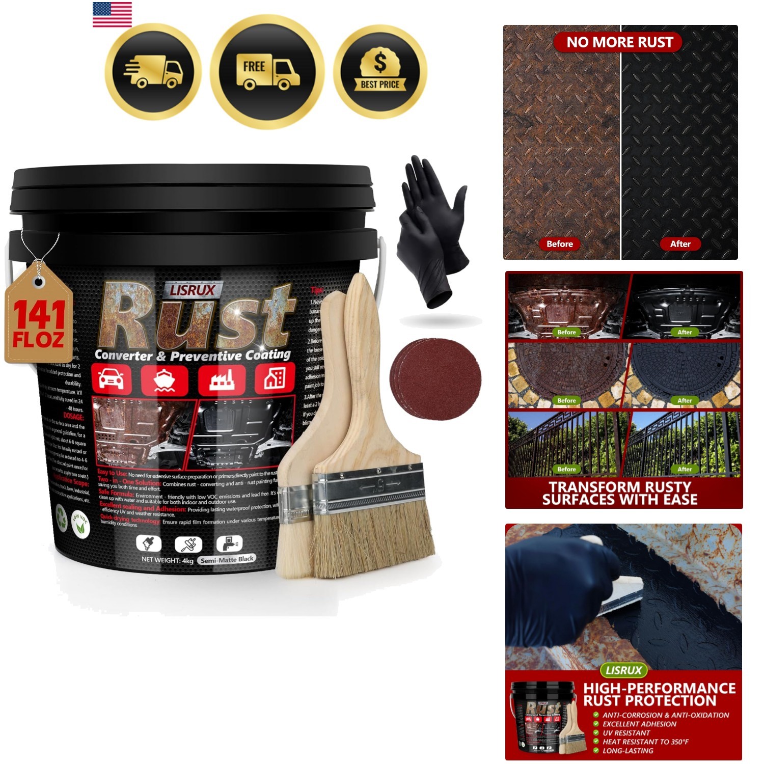 Rust Converter & Metal Primer, 141 Fl Oz Black Rust Inhibitor Paint for Metal…