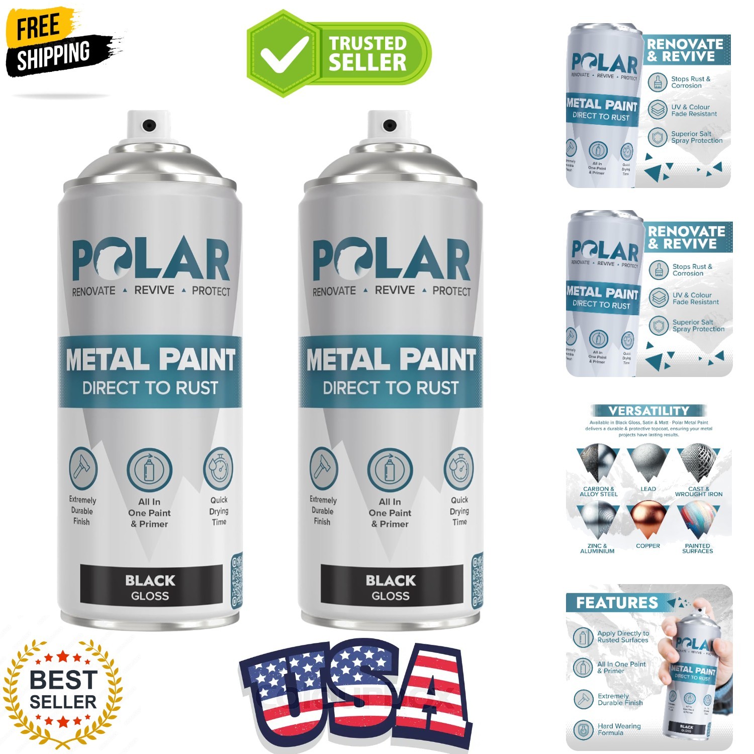 Polar Gloss Black Direct to Rust Spray Paint – 2 x 13.5 Fl Oz – Protect and S…