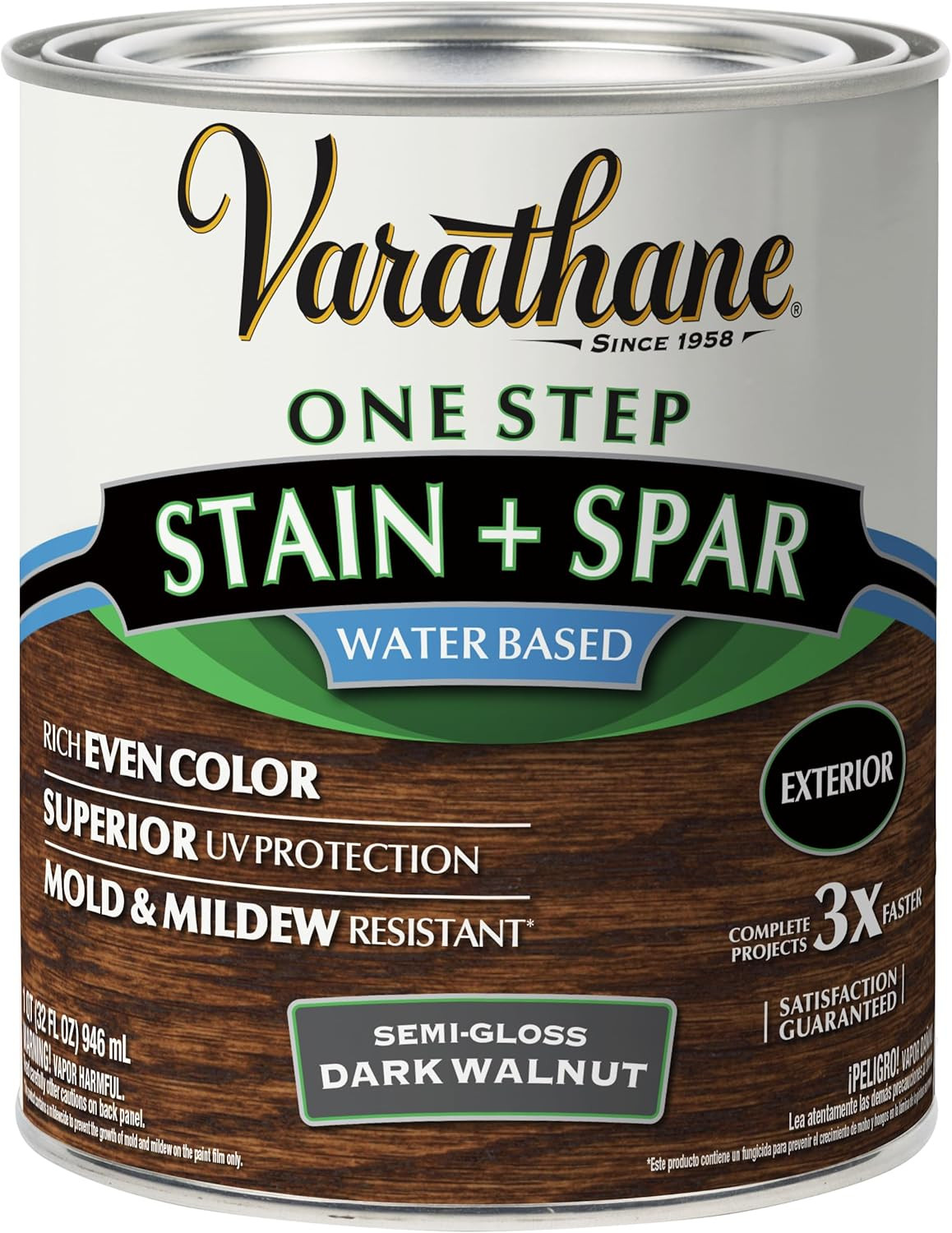 Semi-Gloss Water-Based Exterior Spar Urethane, Quart, Dark Walnut