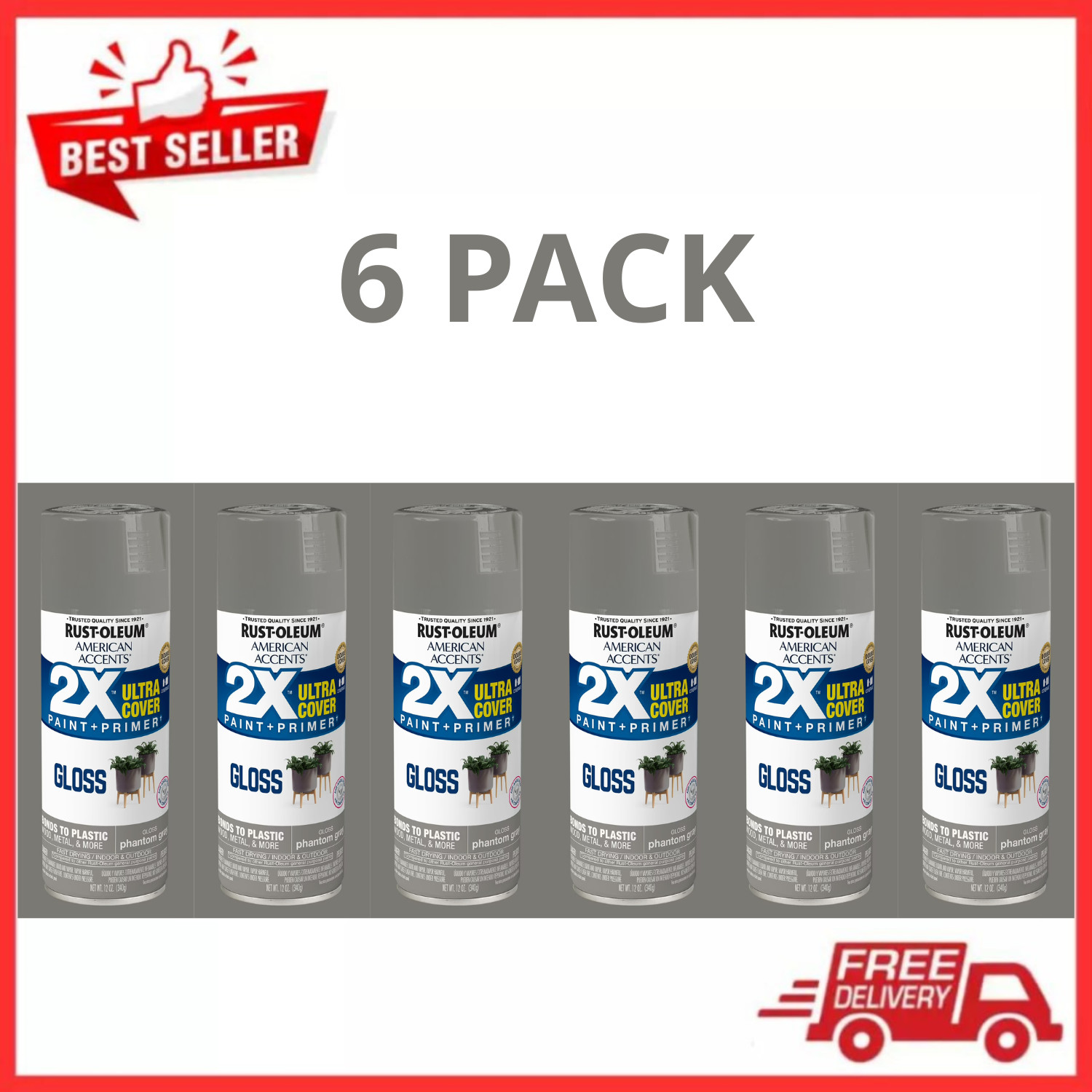 Rust-Oleum 2X Ultra Cover Gloss Spray Paint Phantom Gray 12 oz, 6 Pack