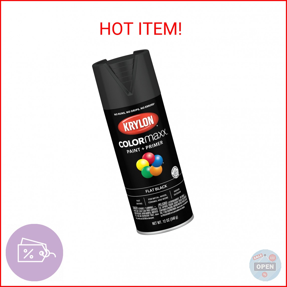 Krylon COLORmaxx Paint + Primer, Flat, Black, 12 oz