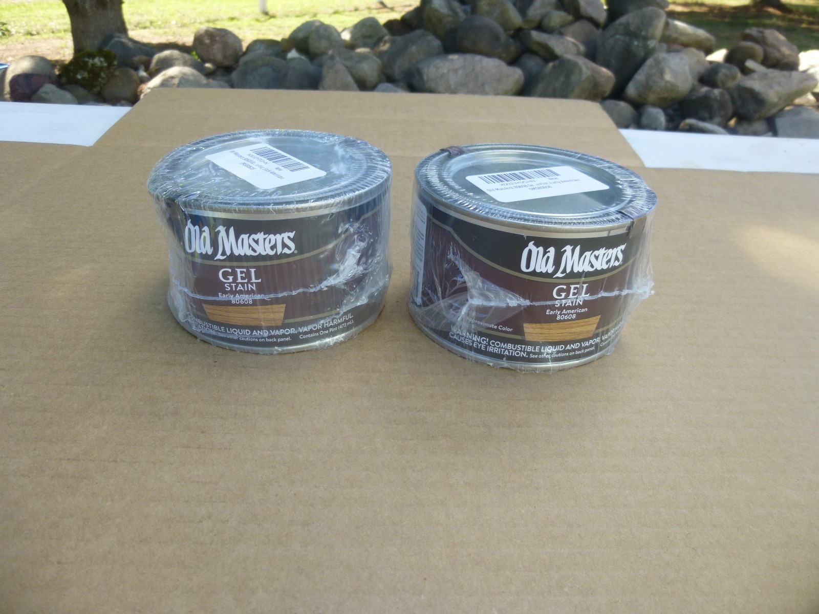 2 DENTED 1 PINT CANS OF OLD MASTERS GEL STAIN EARLY AMERICAN 80608 / NO LEAKAGE