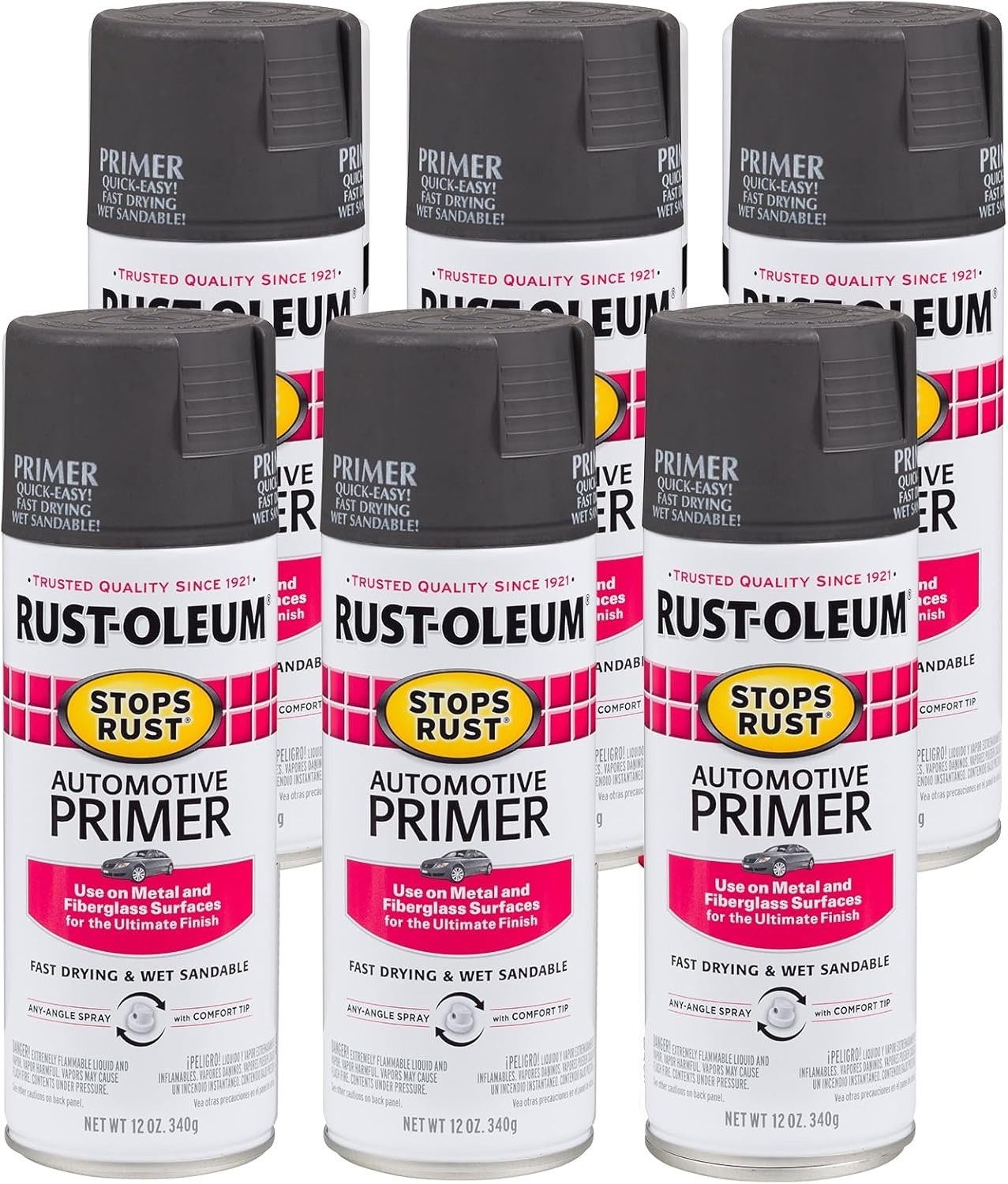 Rust-Oleum 2089830-6PK Stops Rust Automotive Primer Spray, 12 oz, Flat Dark Gray