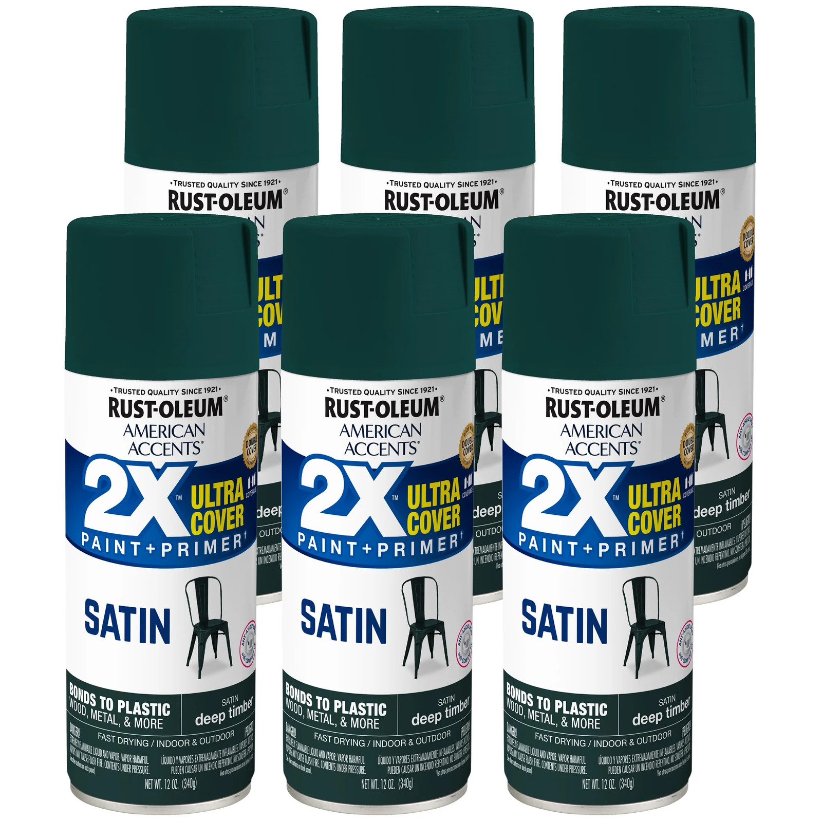 6 Pack, Deep Timber, American Accents 2X Ultra Cover Satin Spray Paint-393537,