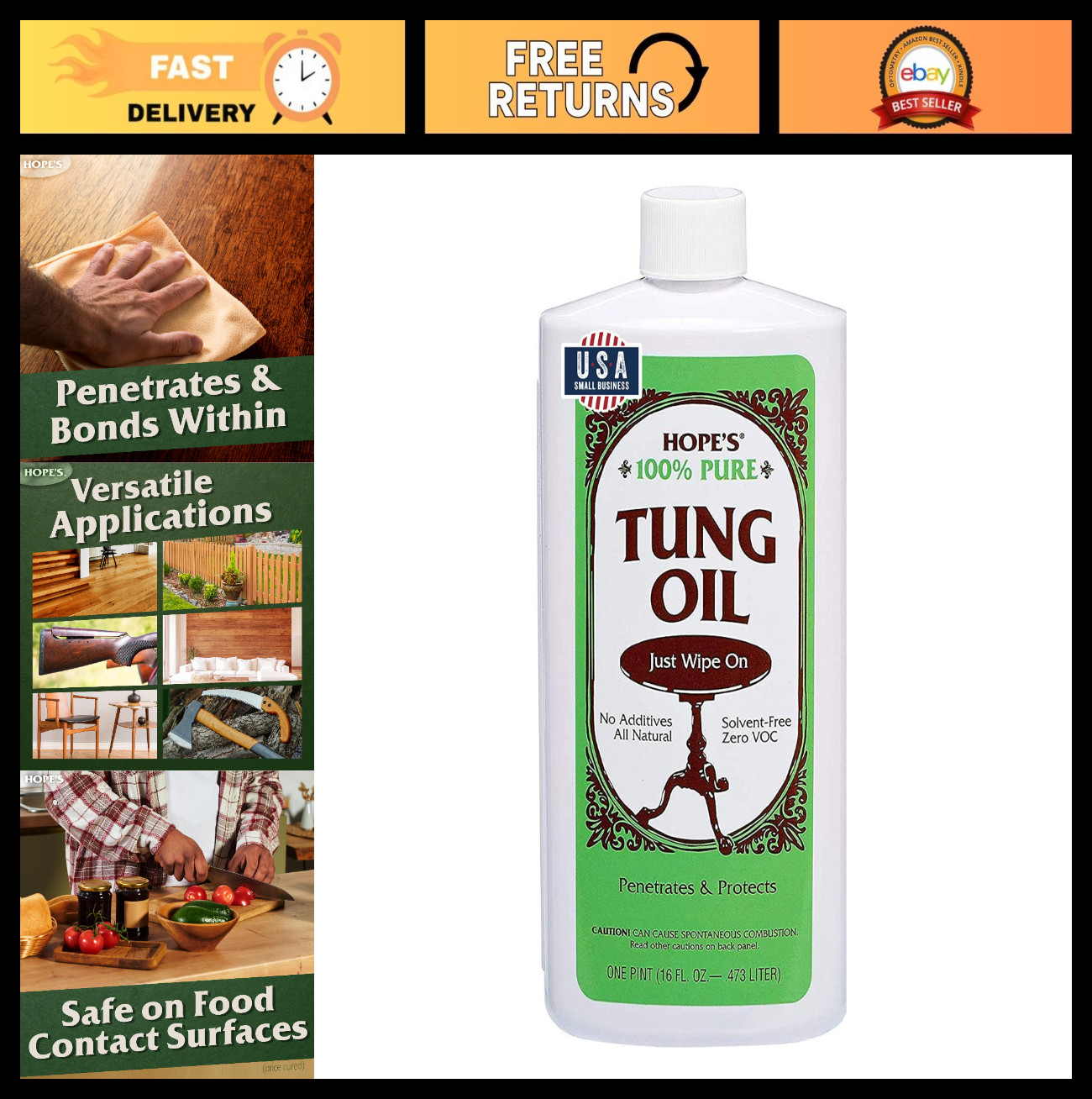100% Pure Tung Oil – Food Safe Natural Wood Finish & Sealer, 16 Fl Oz, Waterproo