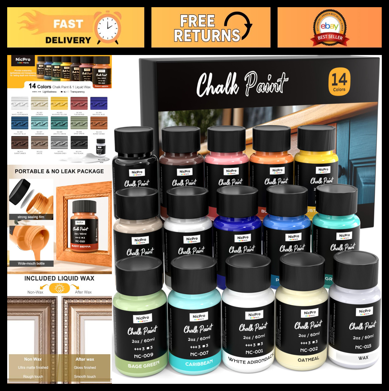 14 Colors Ultra Matte Chalk Paint 2 fl oz Non-Toxic for Furniture, Wood, Metal,