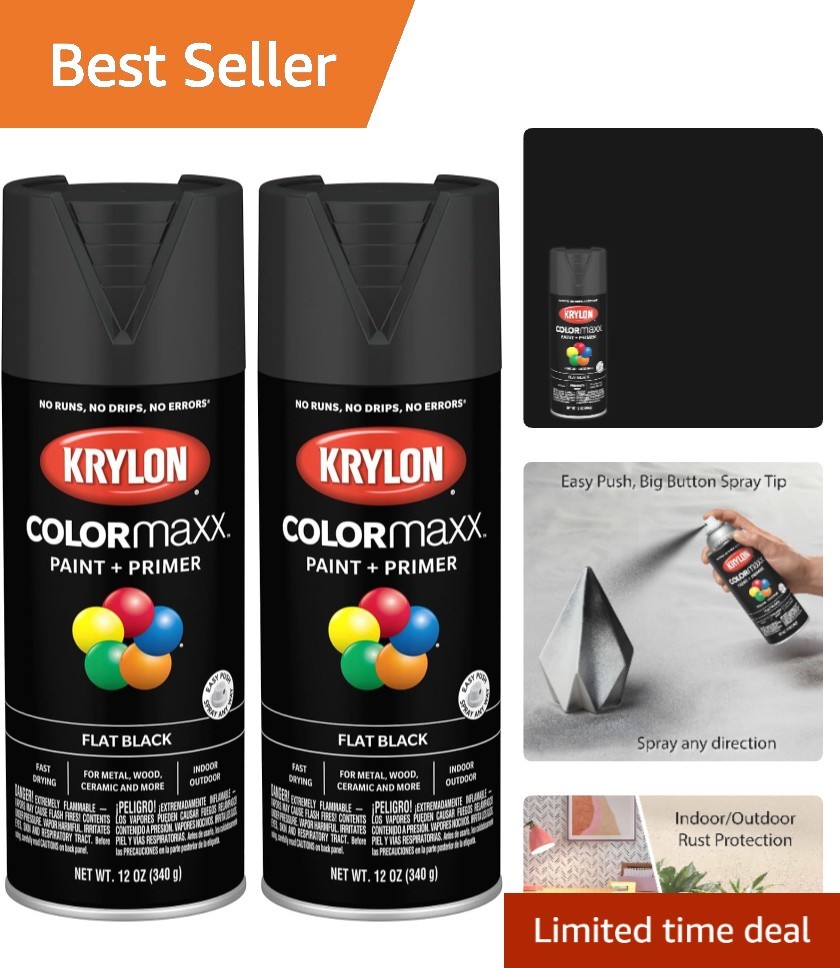 Flat Black Spray Paint & Primer – Quick Drying & Rust Resistant, 12oz x2