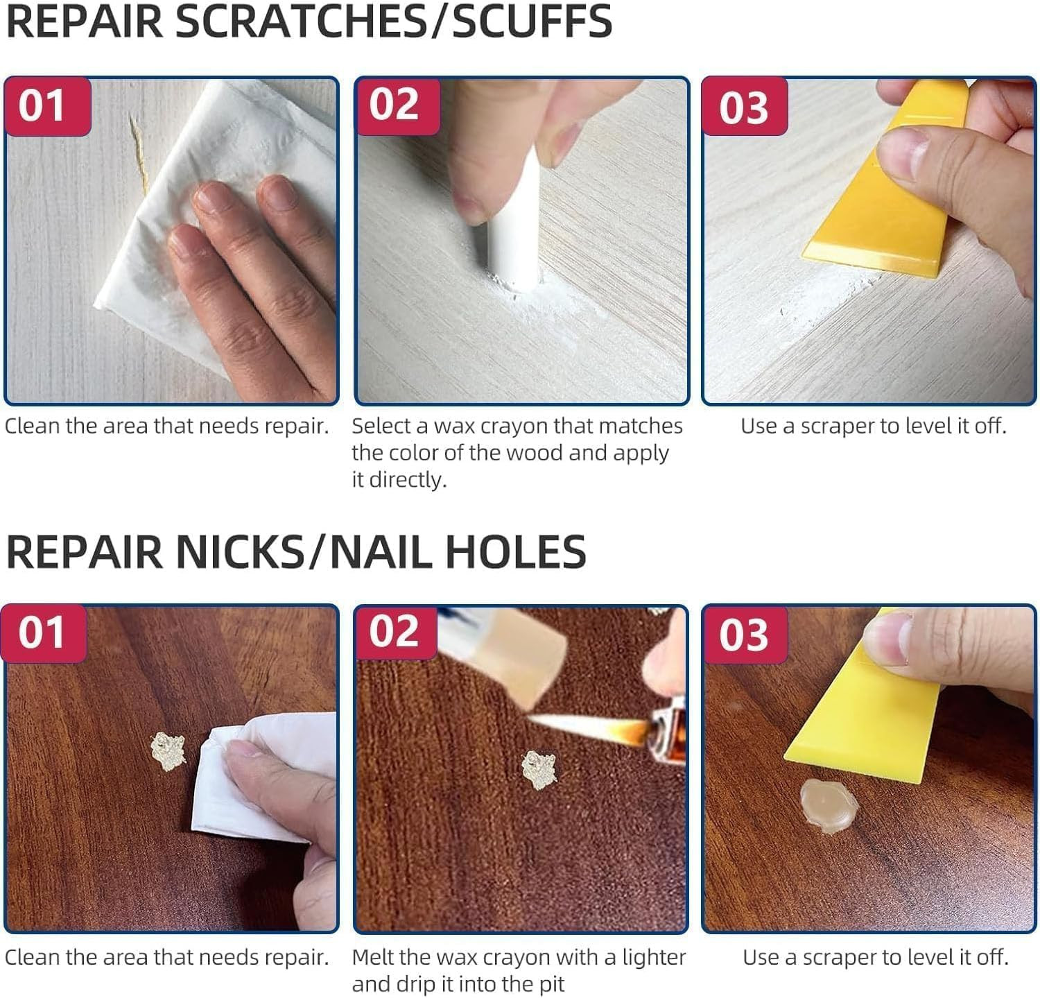 Wood Filler Sticks 3 Colors White Wax Fill Stick, Wood Repair Kit for Scratch…