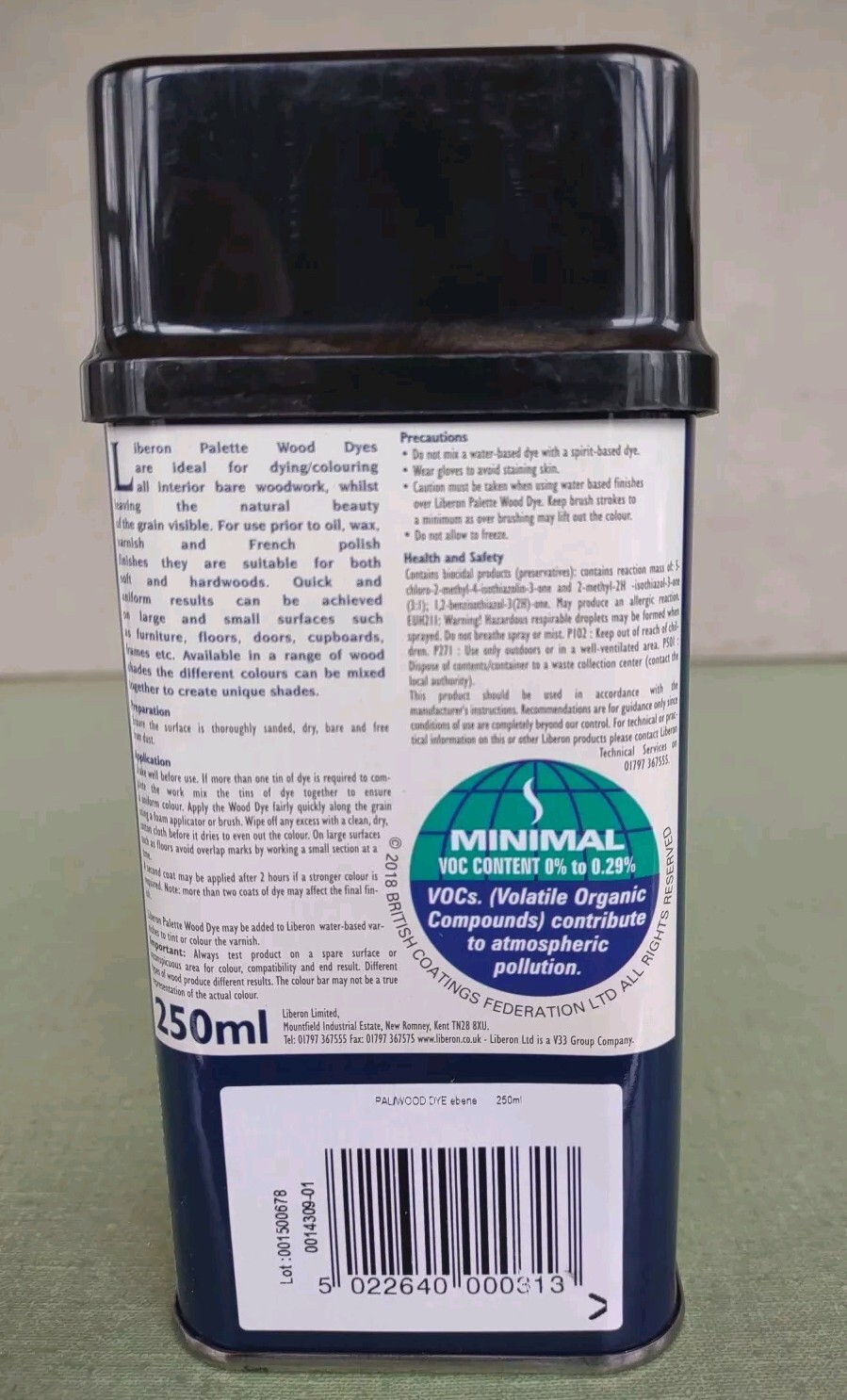 Liberon Palette Ebony Wood Dye Water Based Wood Stain 250ml 8.45oz