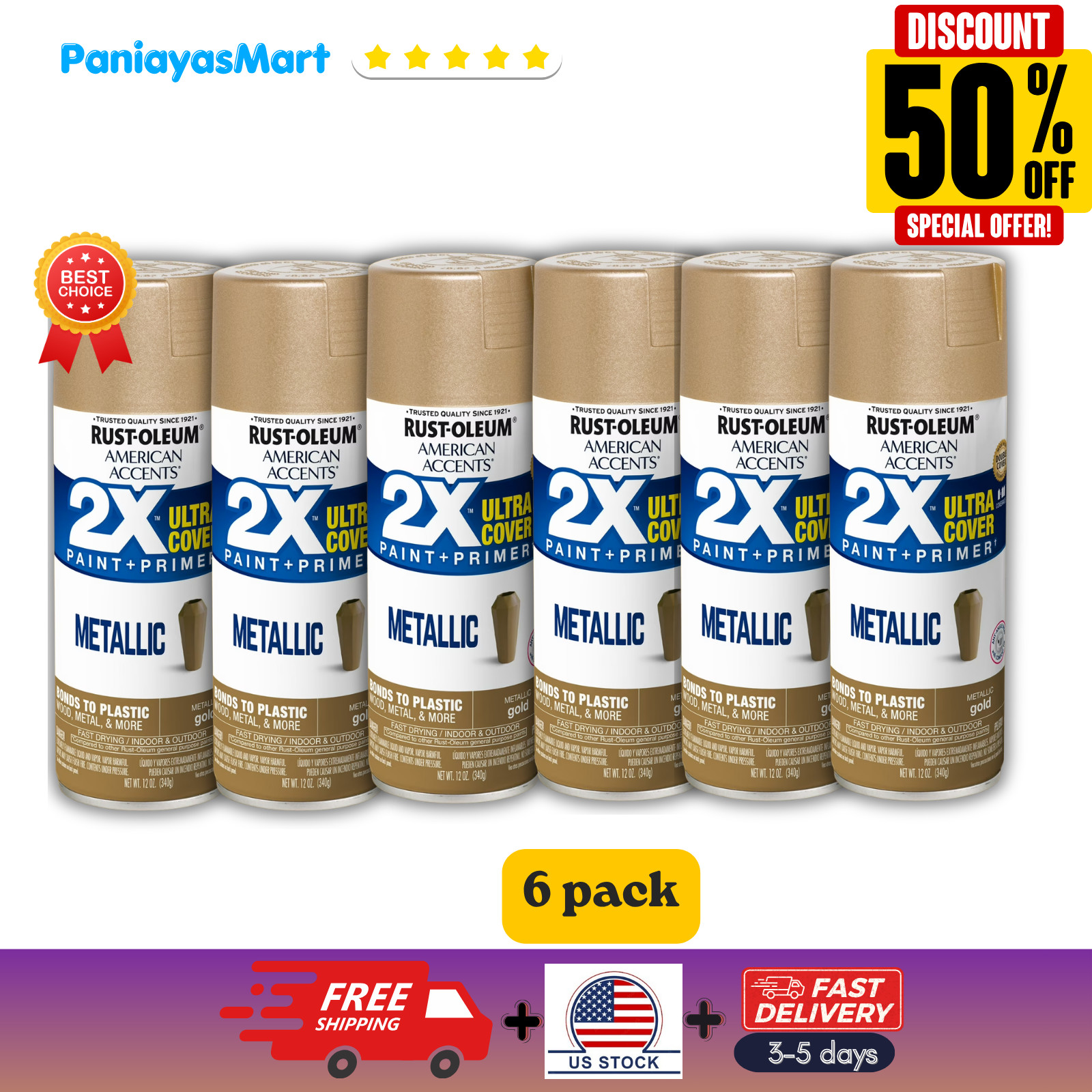 6 pack Rust-Oleum Stops Rust Protective Enamel Semi-Gloss Spray Paint,12 oz